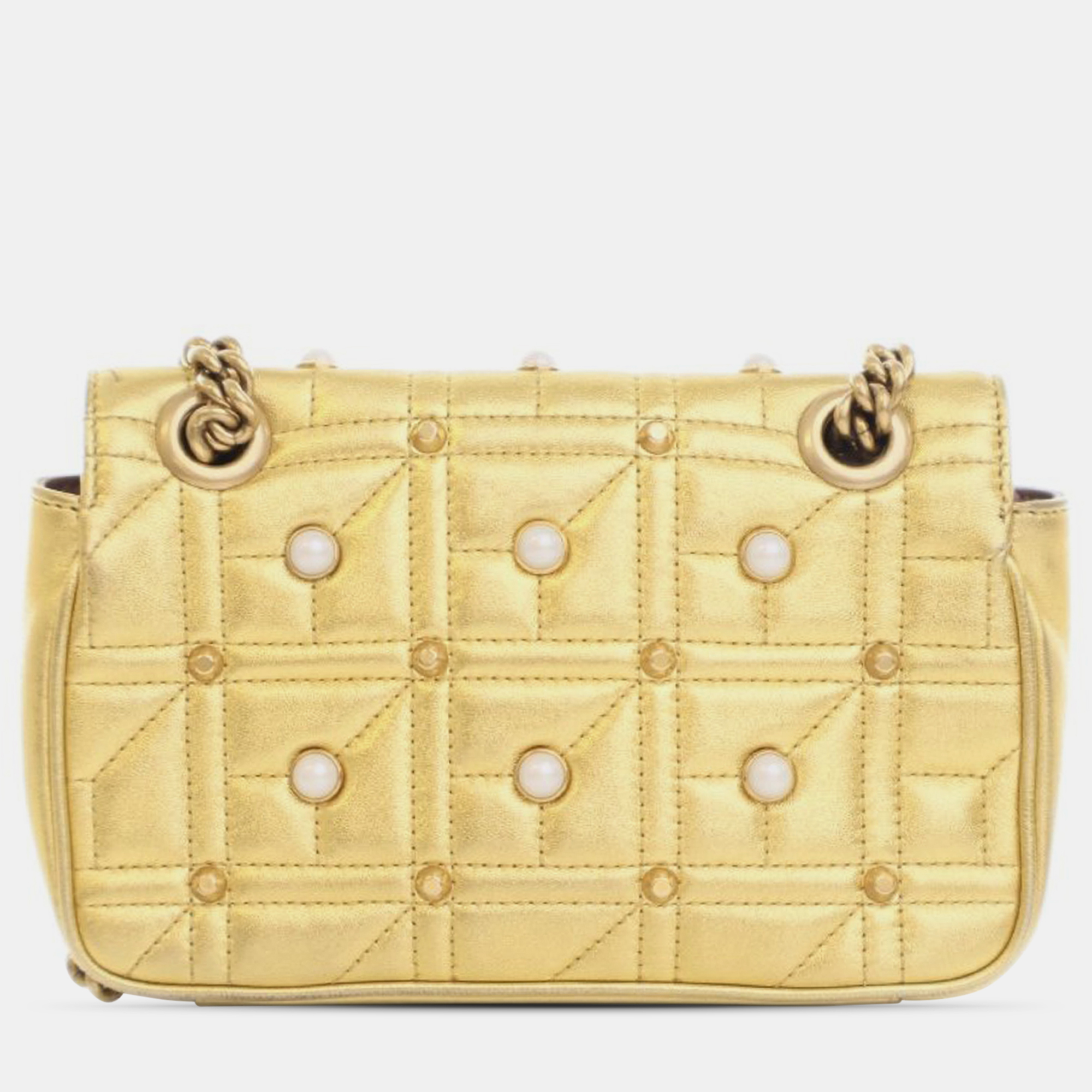 Gucci Gold Leather Mini GG Marmont Pearly Matelasse Crossbody Bag