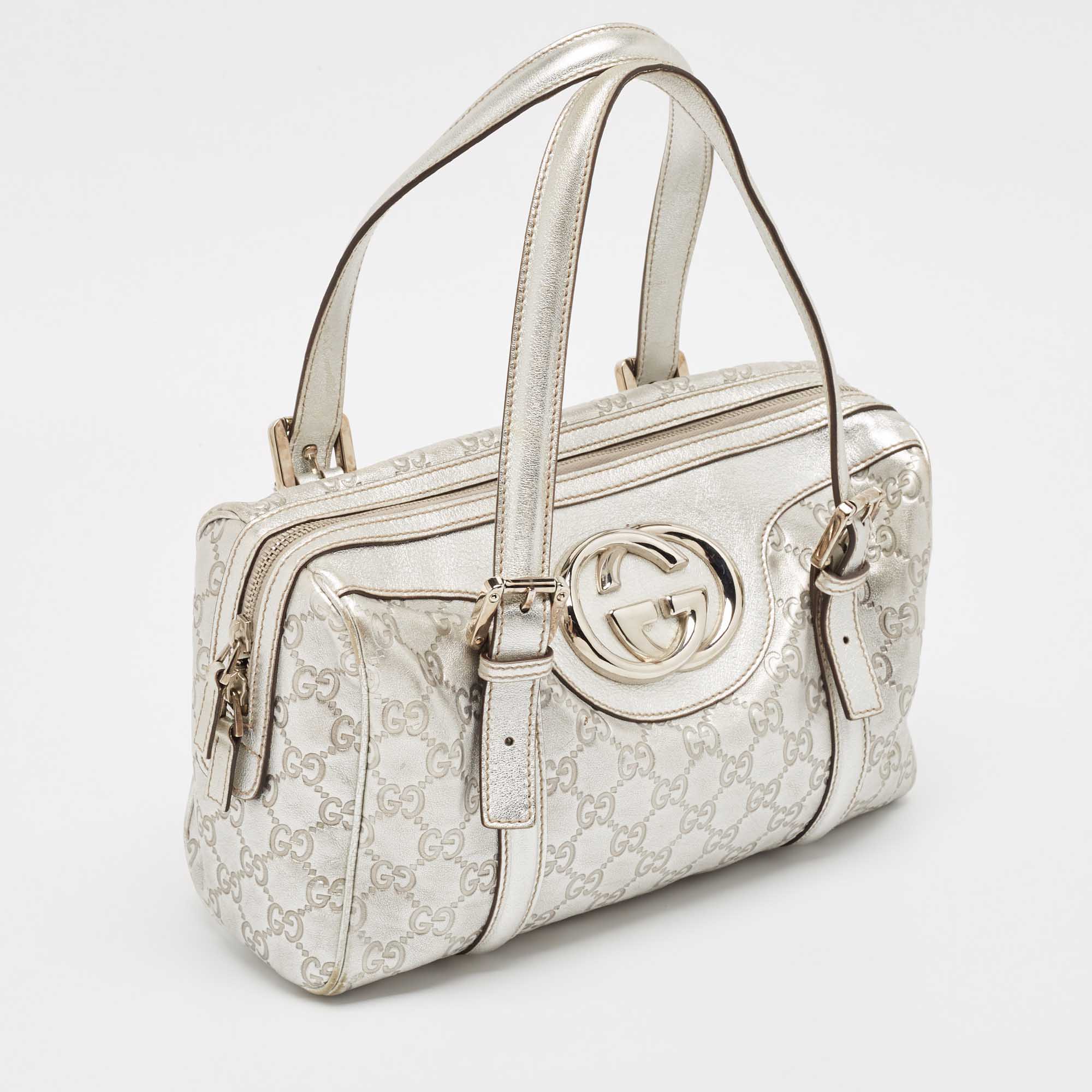 Gucci Silver Guccissima Leather Britt Boston Bag