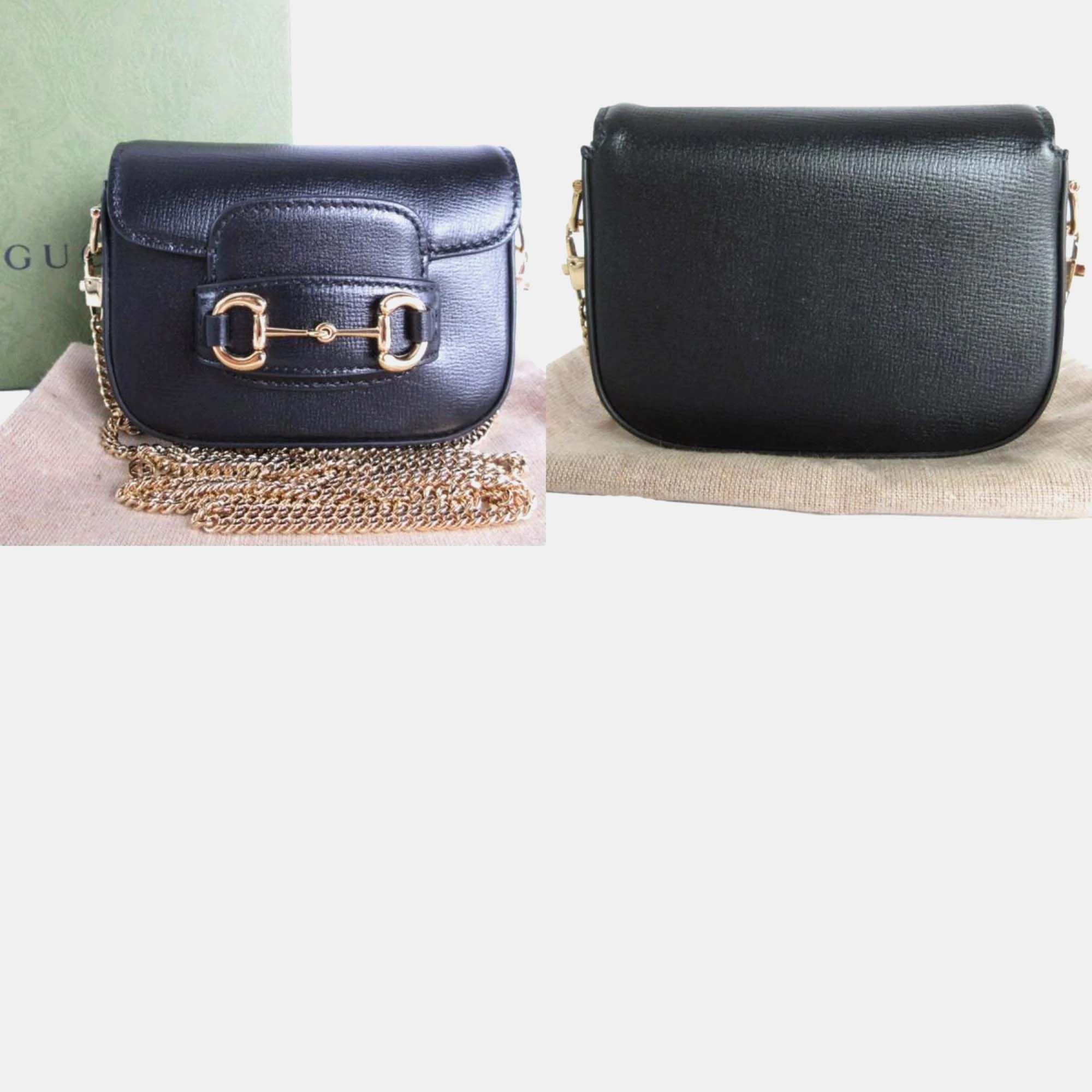 Gucci Black Leather Metal Horsebit Pochette Bag