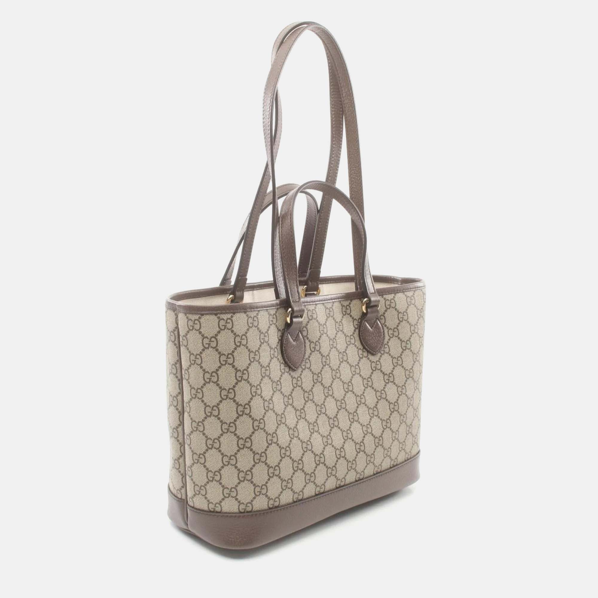 Gucci Beige Brown Coated Canvas Leather Ophidia Small GG Supreme Tote Bag