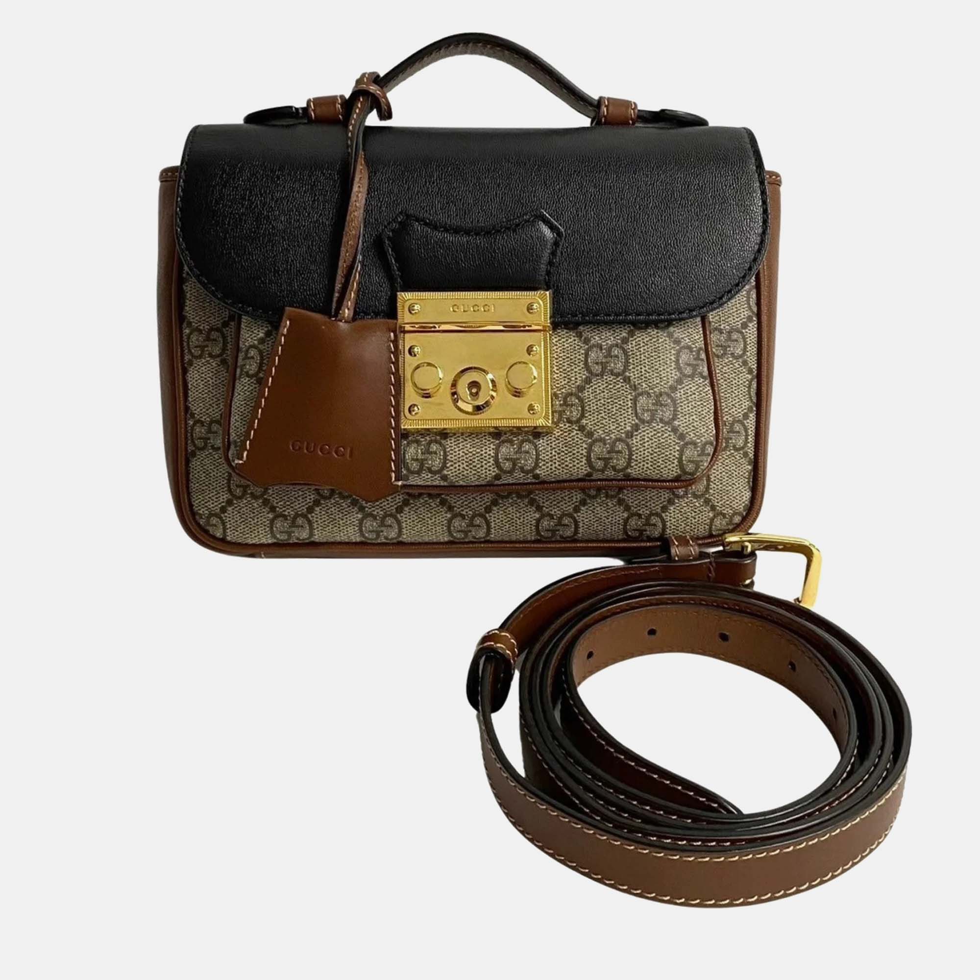 Gucci Brown Leather Padlock GG Pochette Handbag