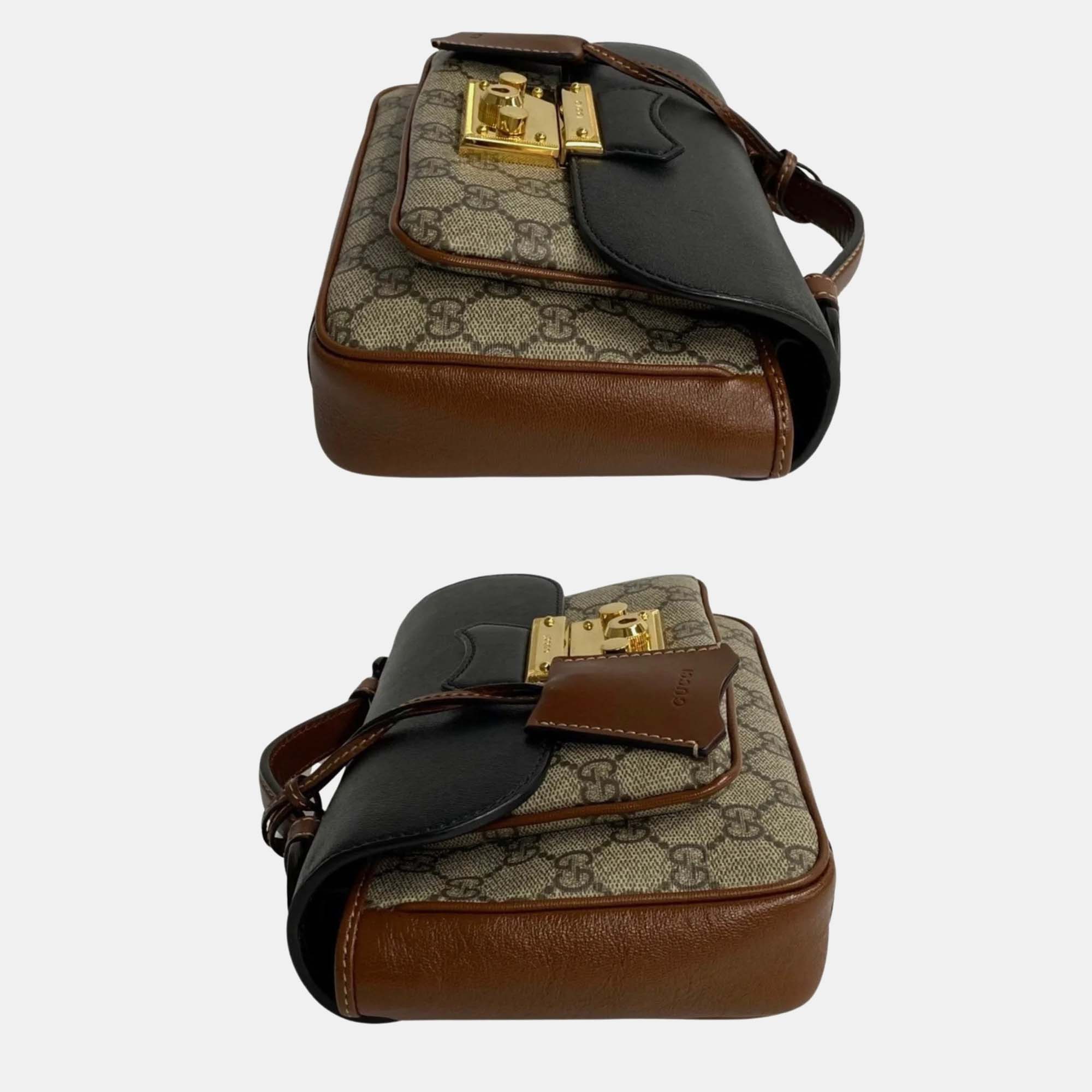 Gucci Brown Leather Padlock GG Pochette Handbag