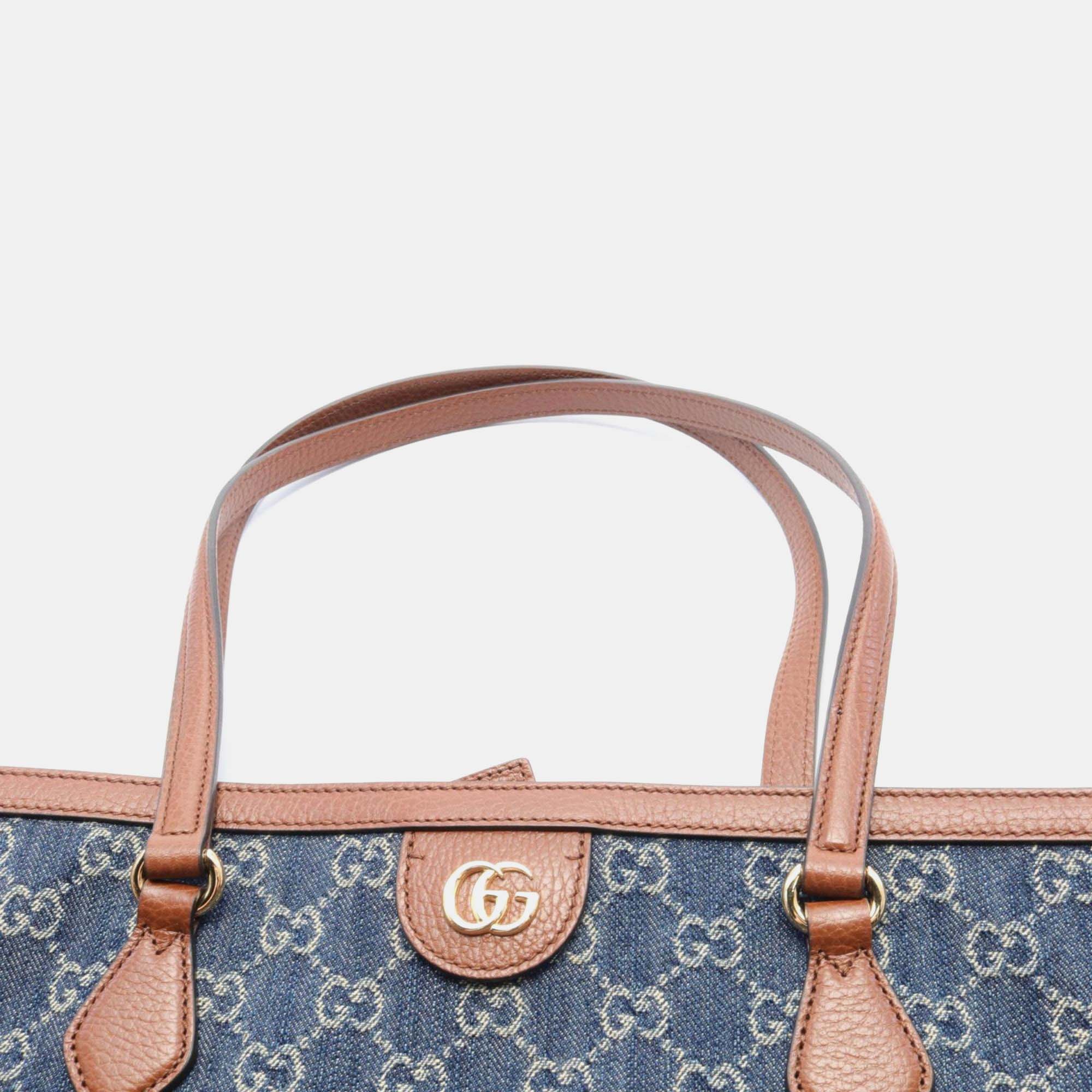 Gucci Navy Brown Leather Denim Medium GG Tote Bag