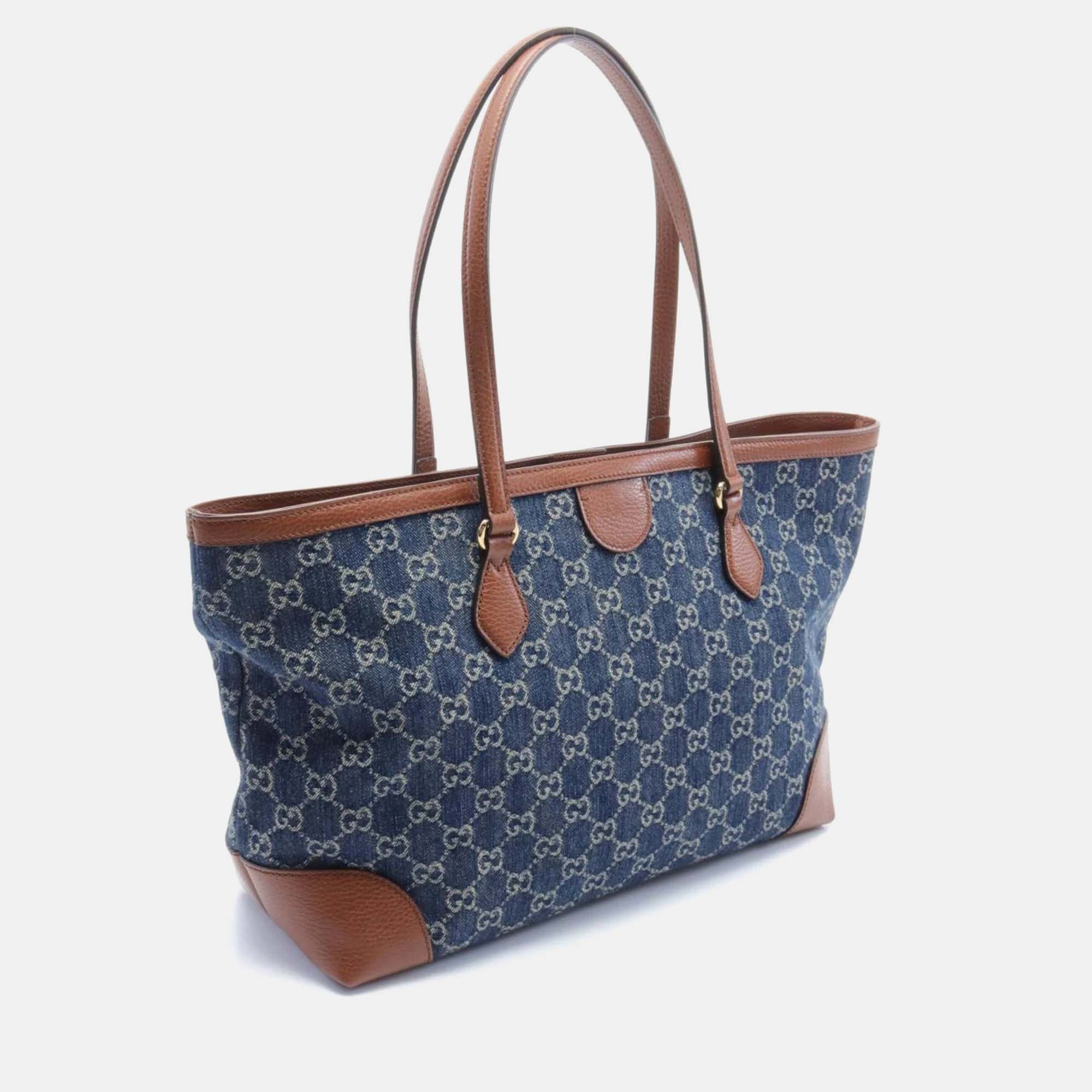 Gucci Navy Brown Leather Denim Medium GG Tote Bag