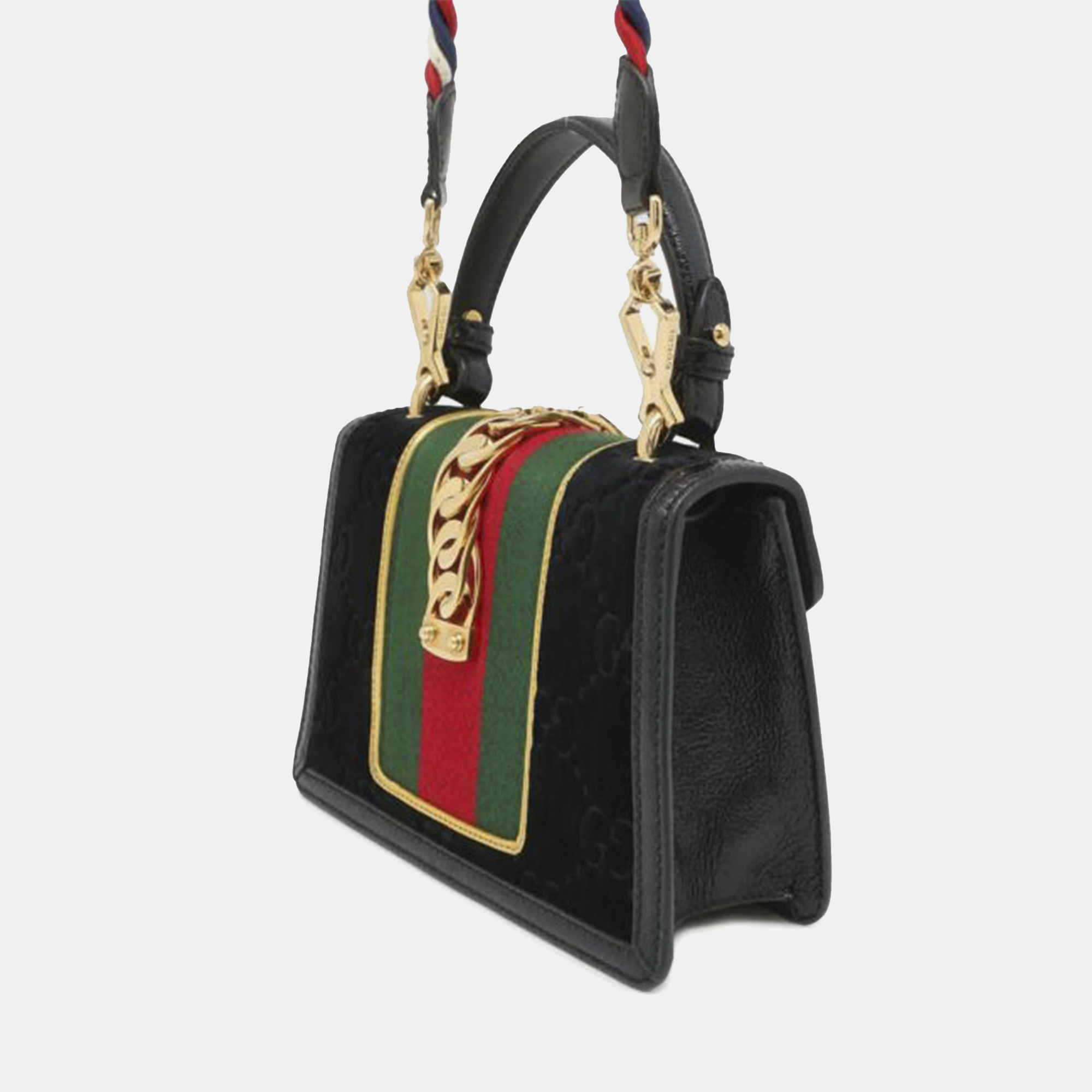 Gucci Black Leather Mini GG Velvet Sylvie Satchel Bag