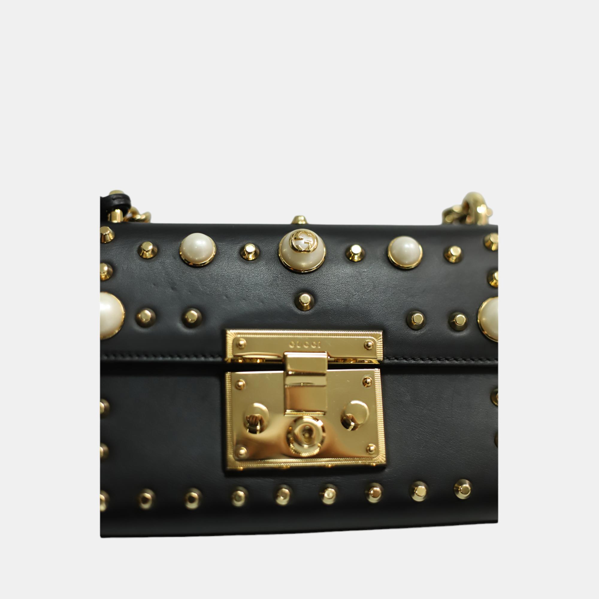 Gucci Black Calfskin Studded Small Padlock Shoulder Bag