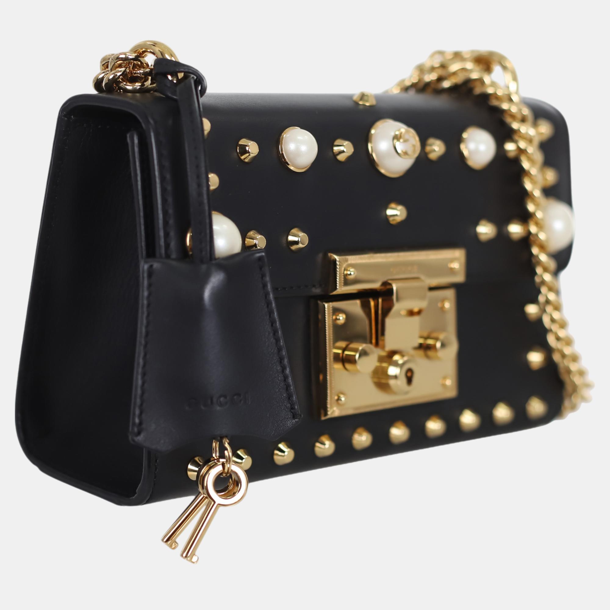 Gucci Black Calfskin Studded Small Padlock Shoulder Bag