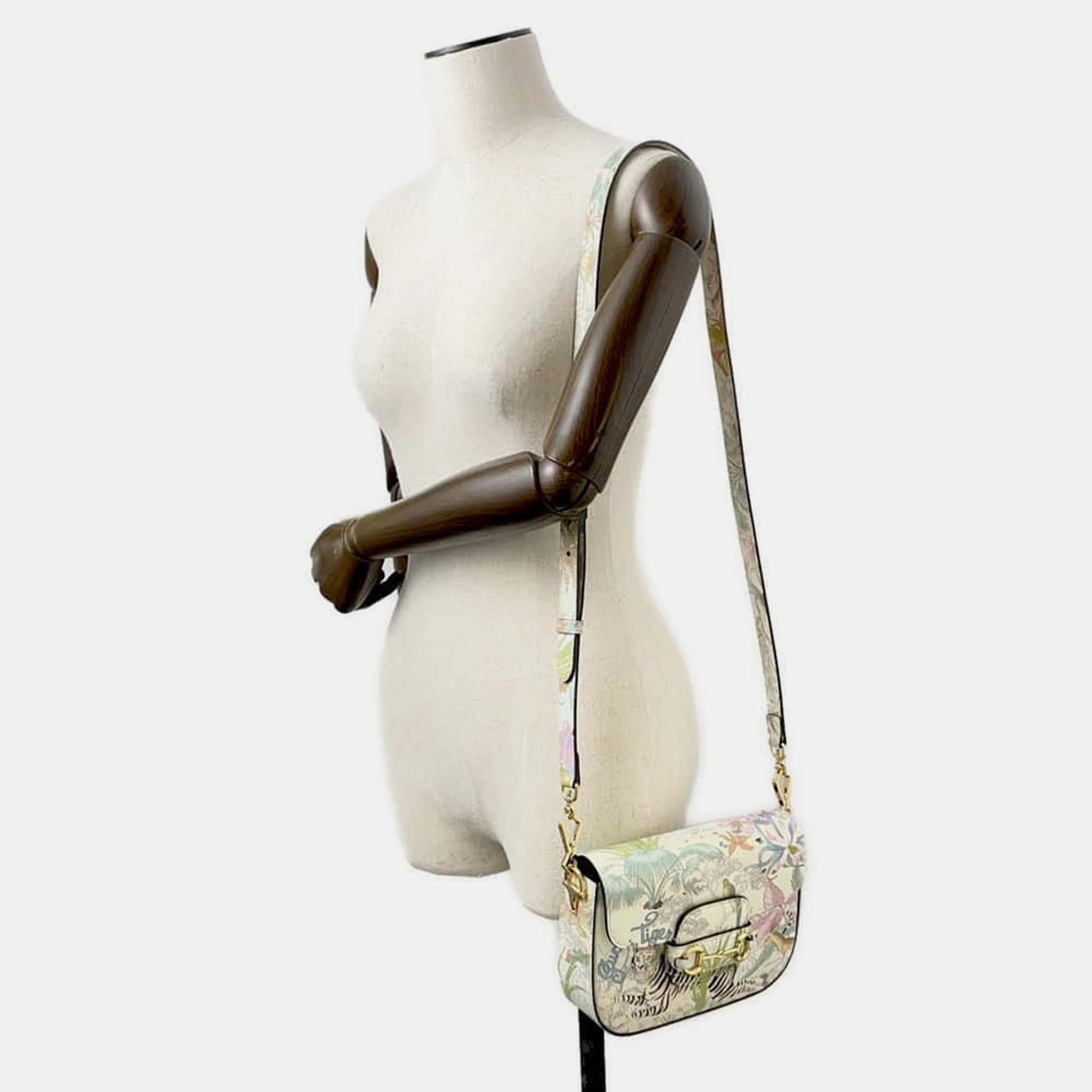 Gucci Ivory/Multicolor Leather Horsebit 1955 Animal Print Shoulder Bag