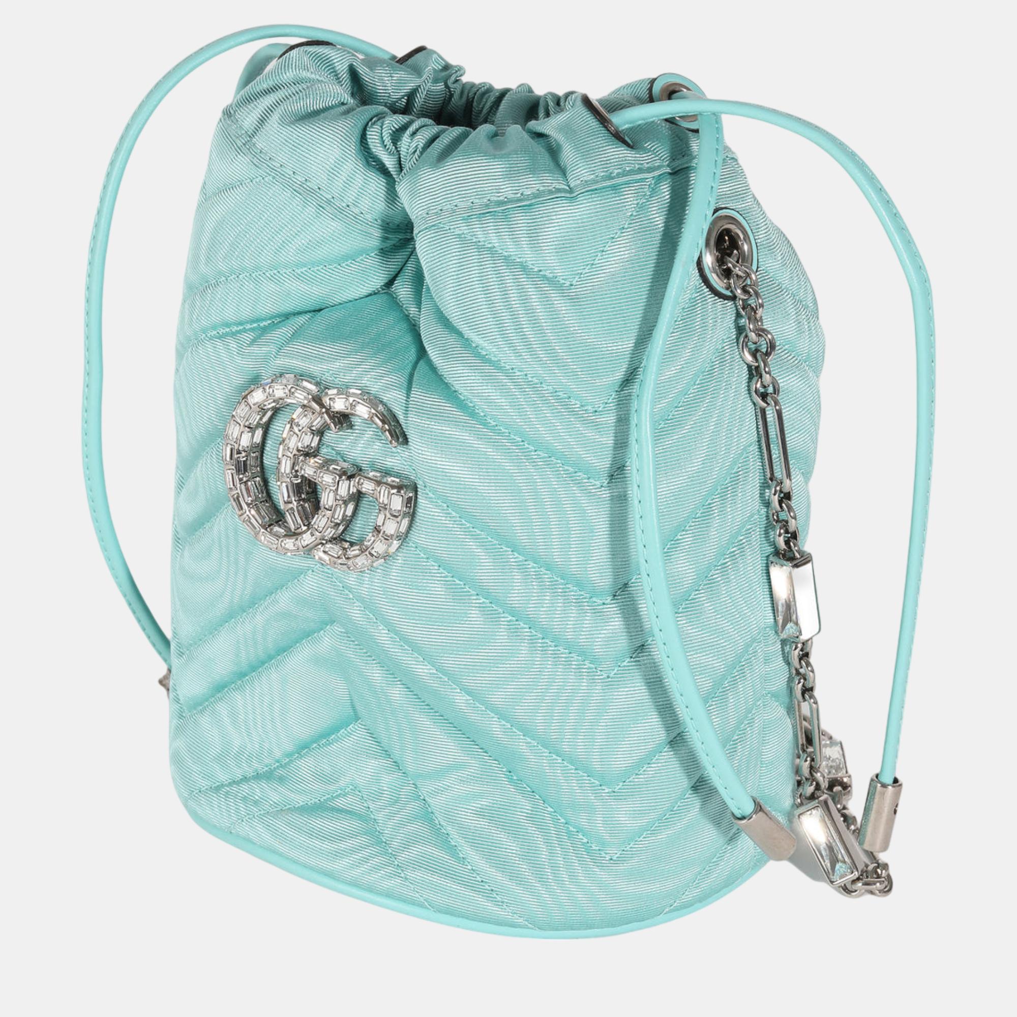 Gucci Blue Fabric Crystal GG Mini Marmont Bucket Bag