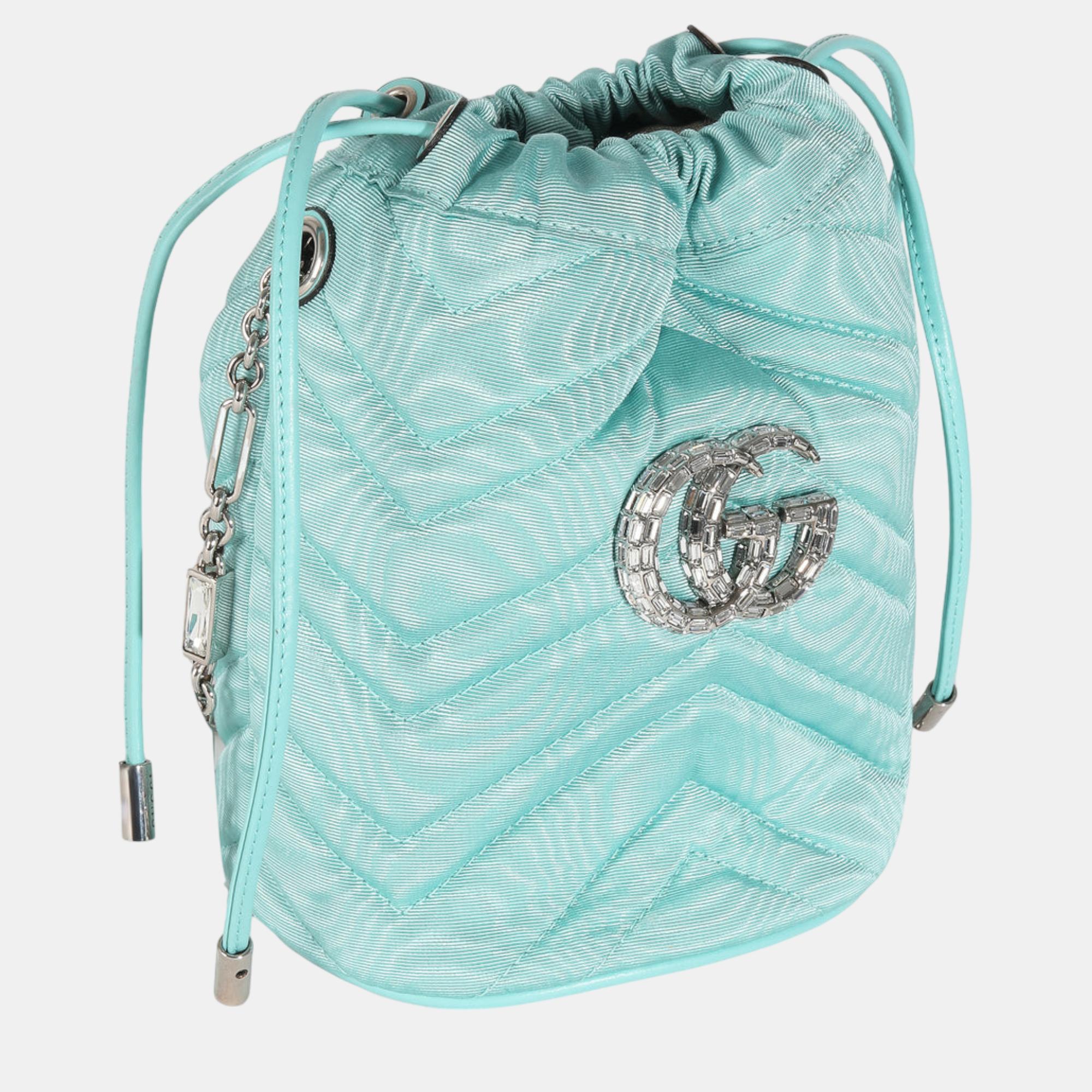 Gucci Blue Fabric Crystal GG Mini Marmont Bucket Bag