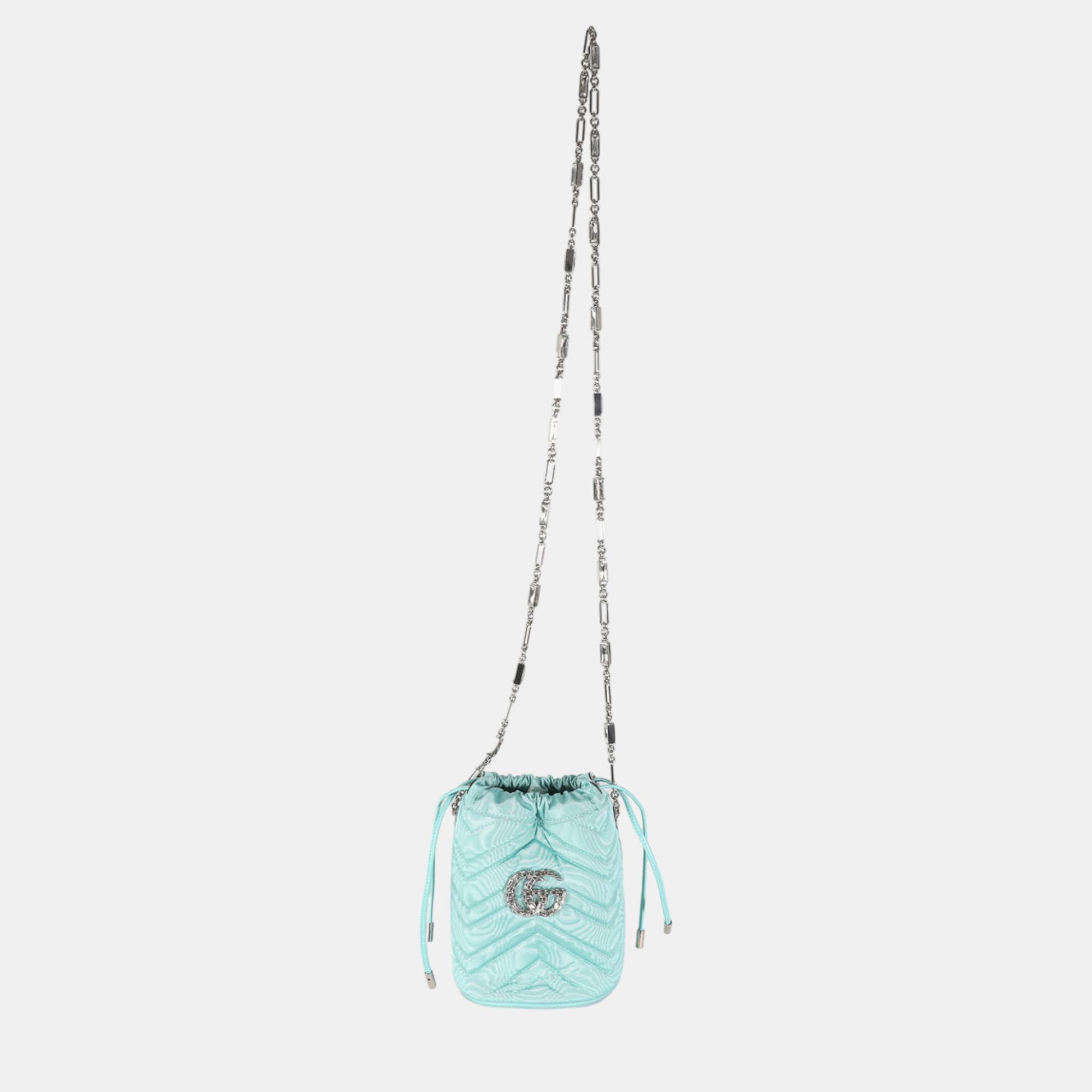 Gucci Blue Fabric Crystal GG Mini Marmont Bucket Bag