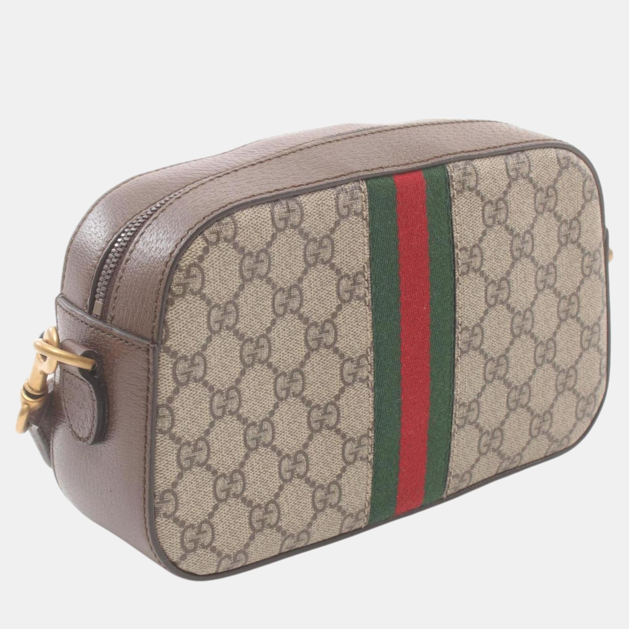 Gucci Beige Brown Multicolor Coated Canvas Leather Ophidia GG Supreme Small Crossbody Bag