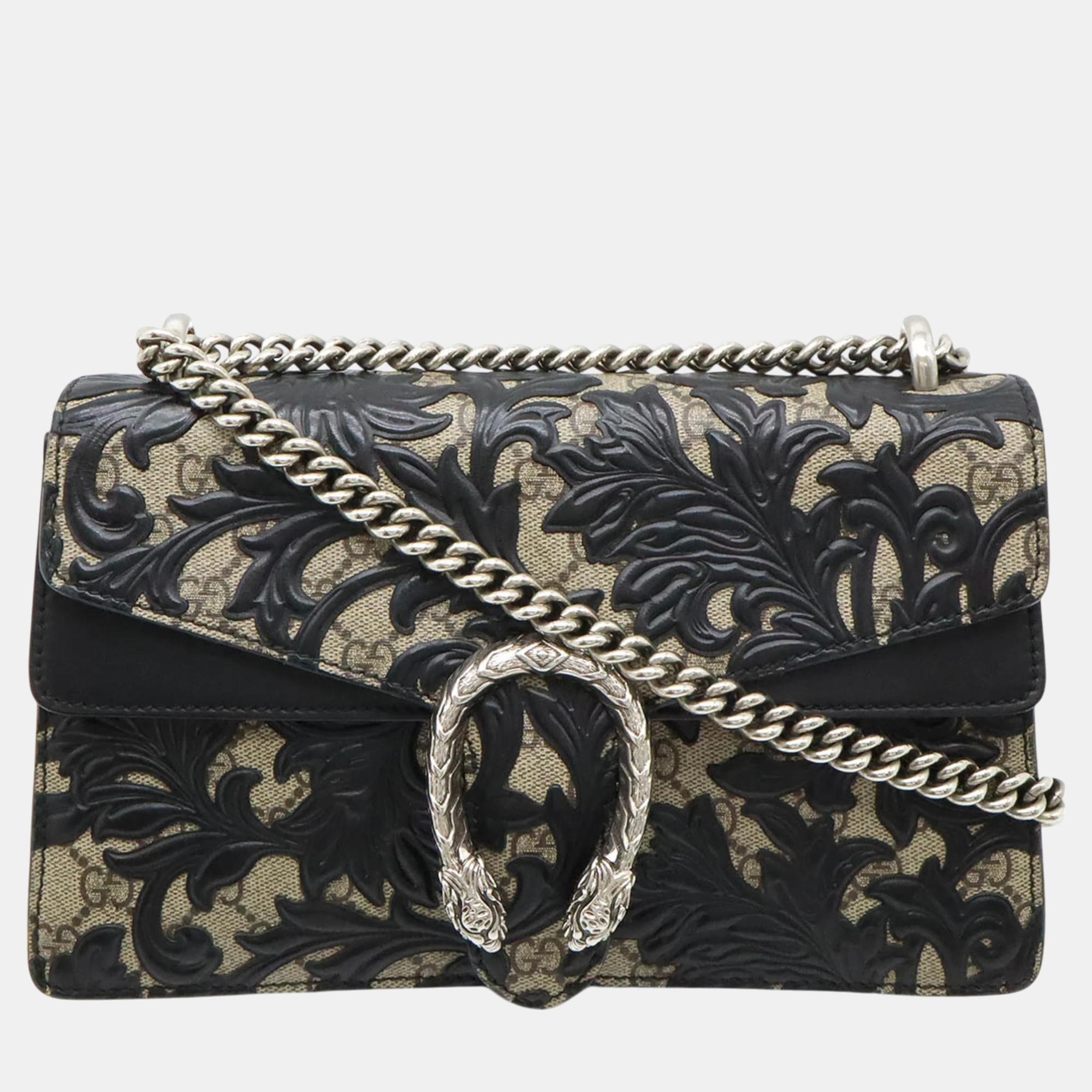 Gucci Beige Black PVC Leather Dionysus Arabesque GG Supreme Chain Bag