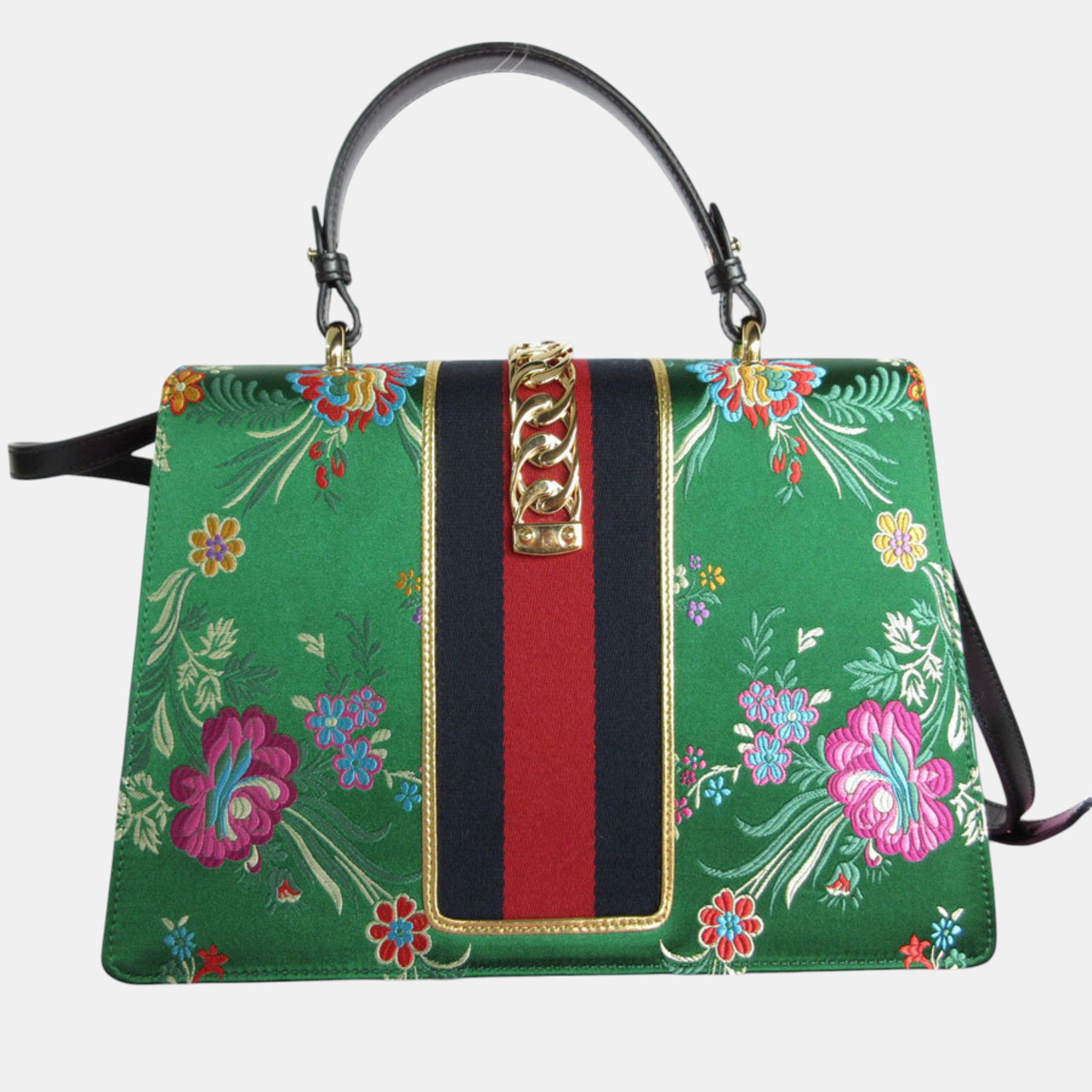 Gucci Green Multicolor Gold Satin Sylvie Shoulder Bag