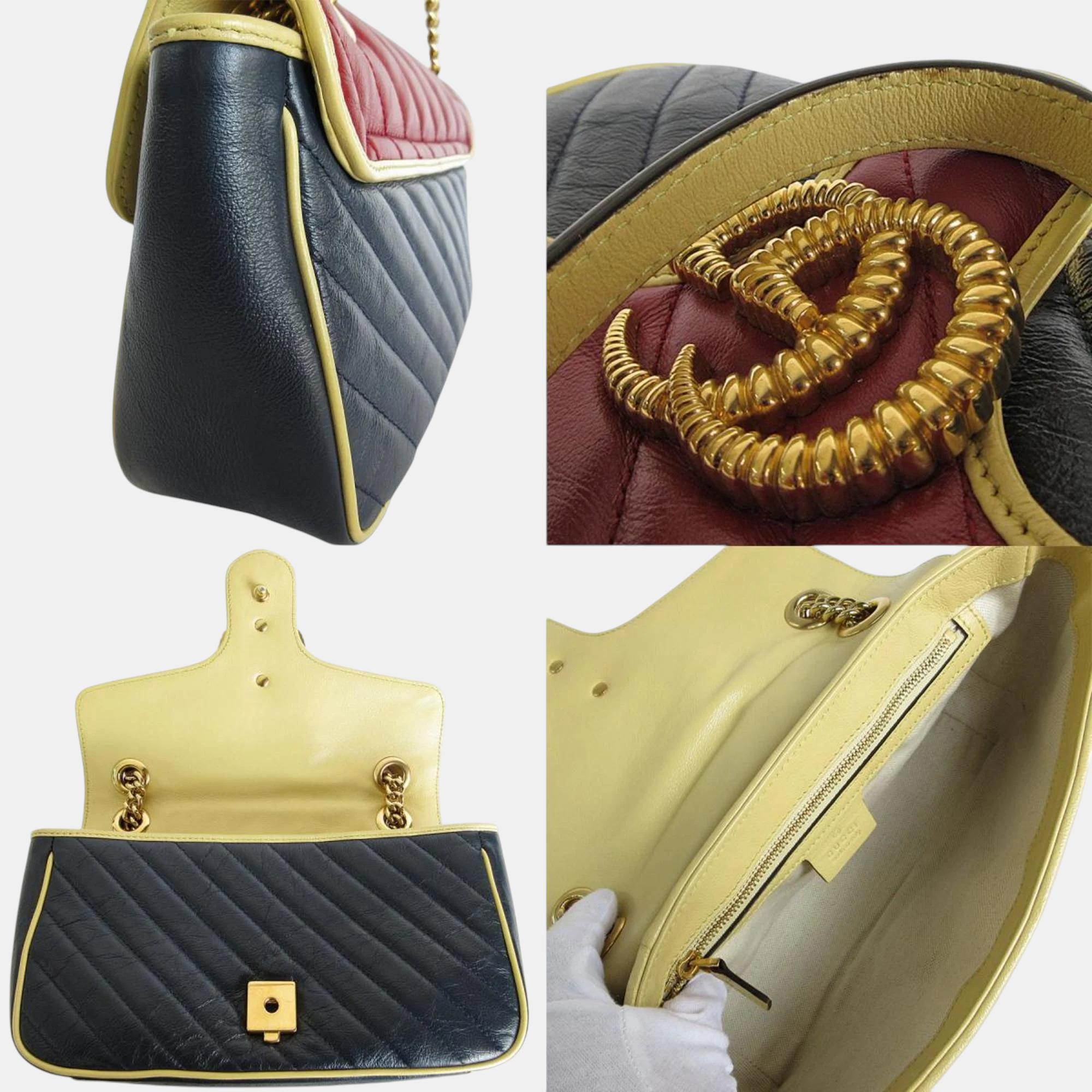 Gucci Metal Burgundy Navy Gold Leather GG Marmont Shoulder Bag