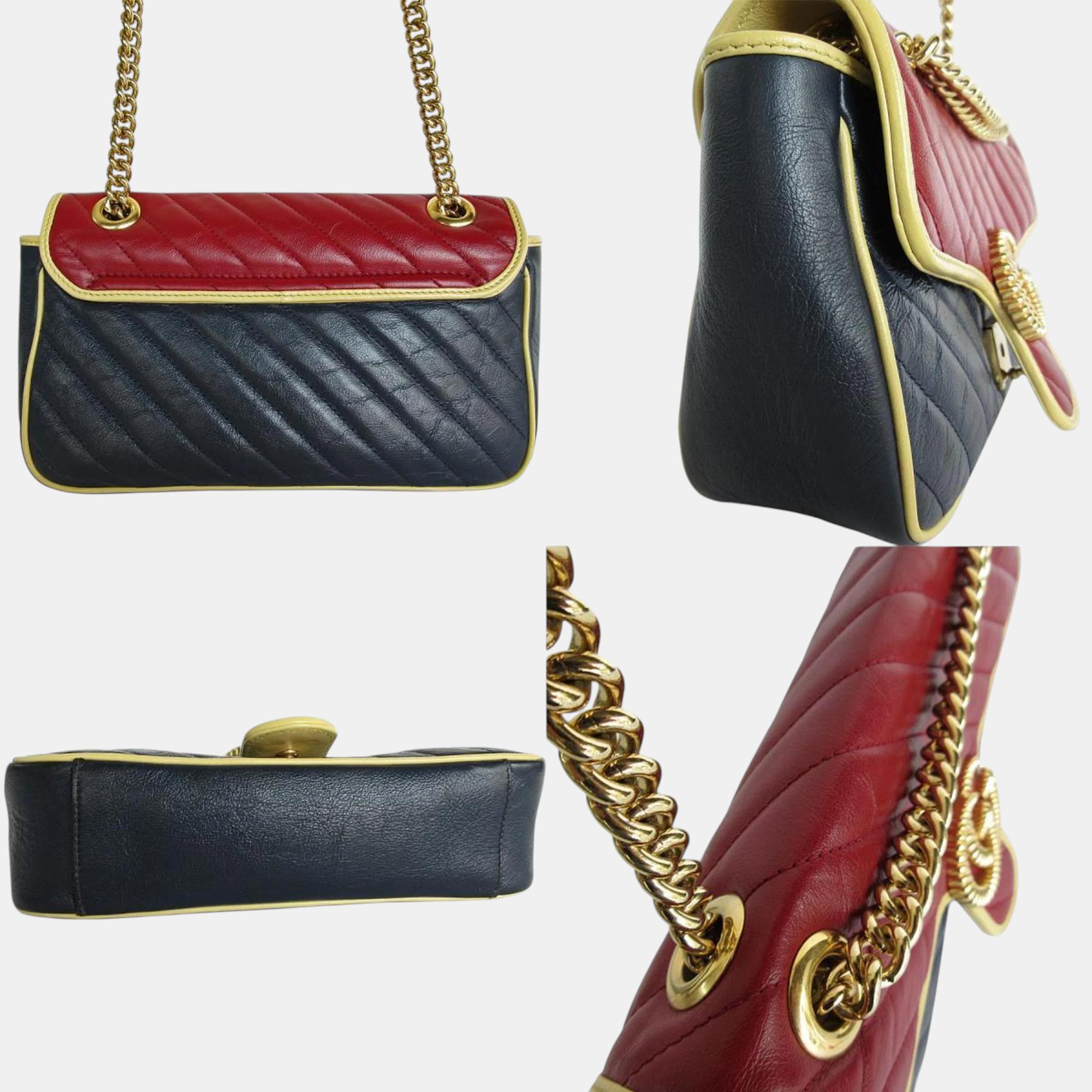 Gucci Metal Burgundy Navy Gold Leather GG Marmont Shoulder Bag