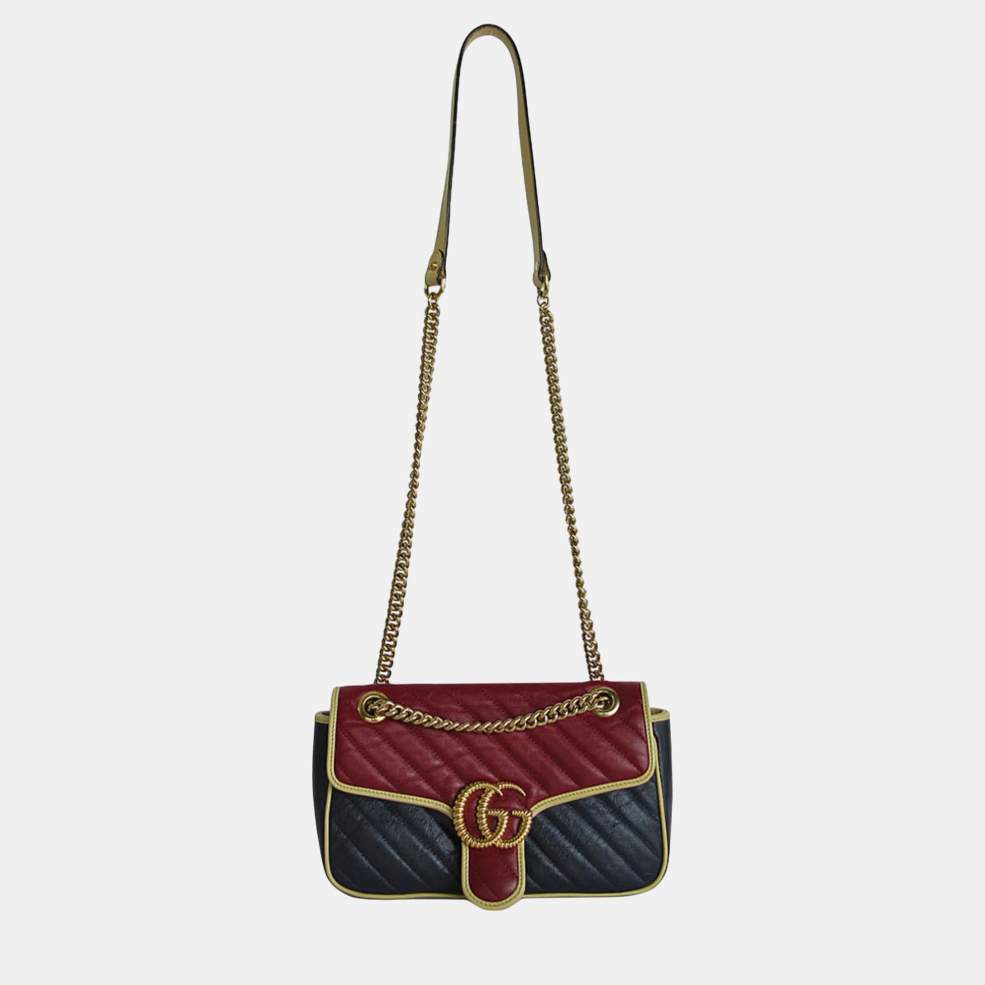 Gucci Metal Burgundy Navy Gold Leather GG Marmont Shoulder Bag