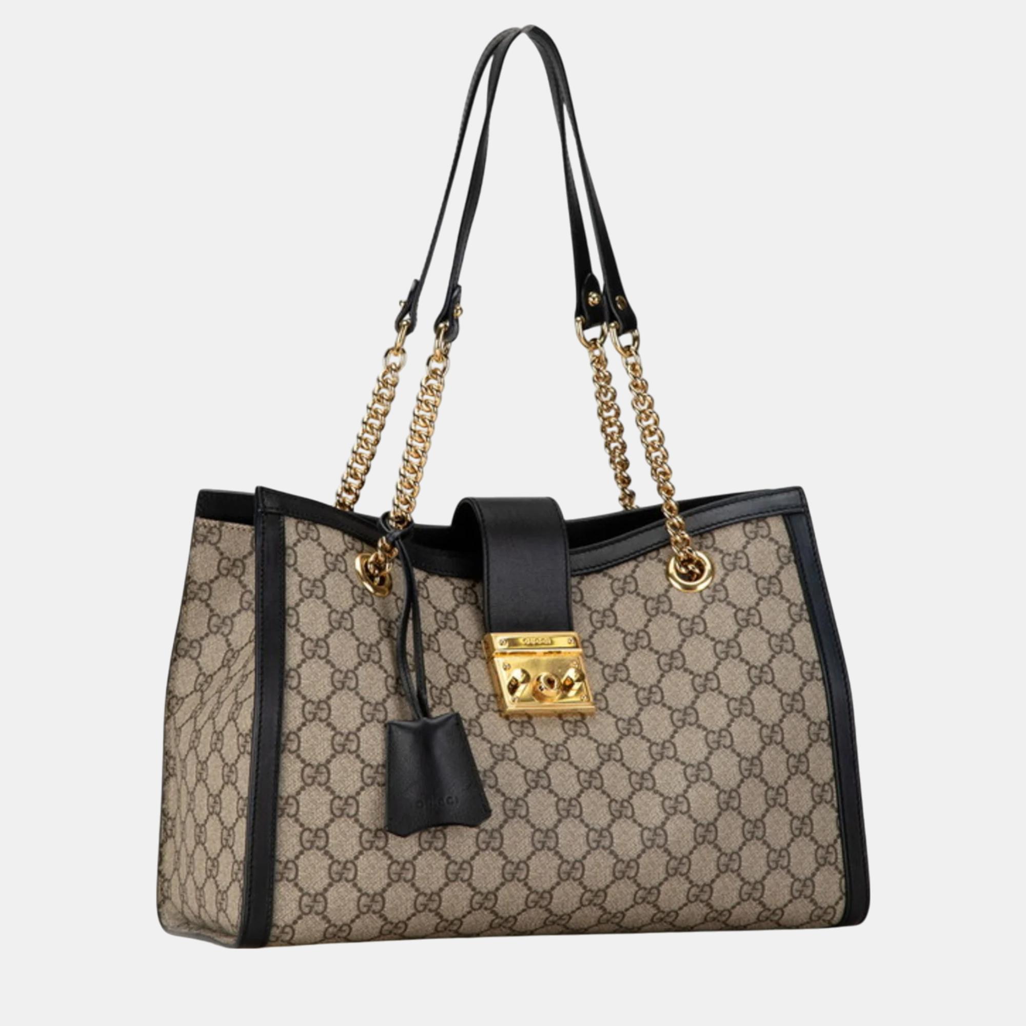 Gucci Beige Black PVC Leather GG Supreme Padlock Chain Shoulder Bag