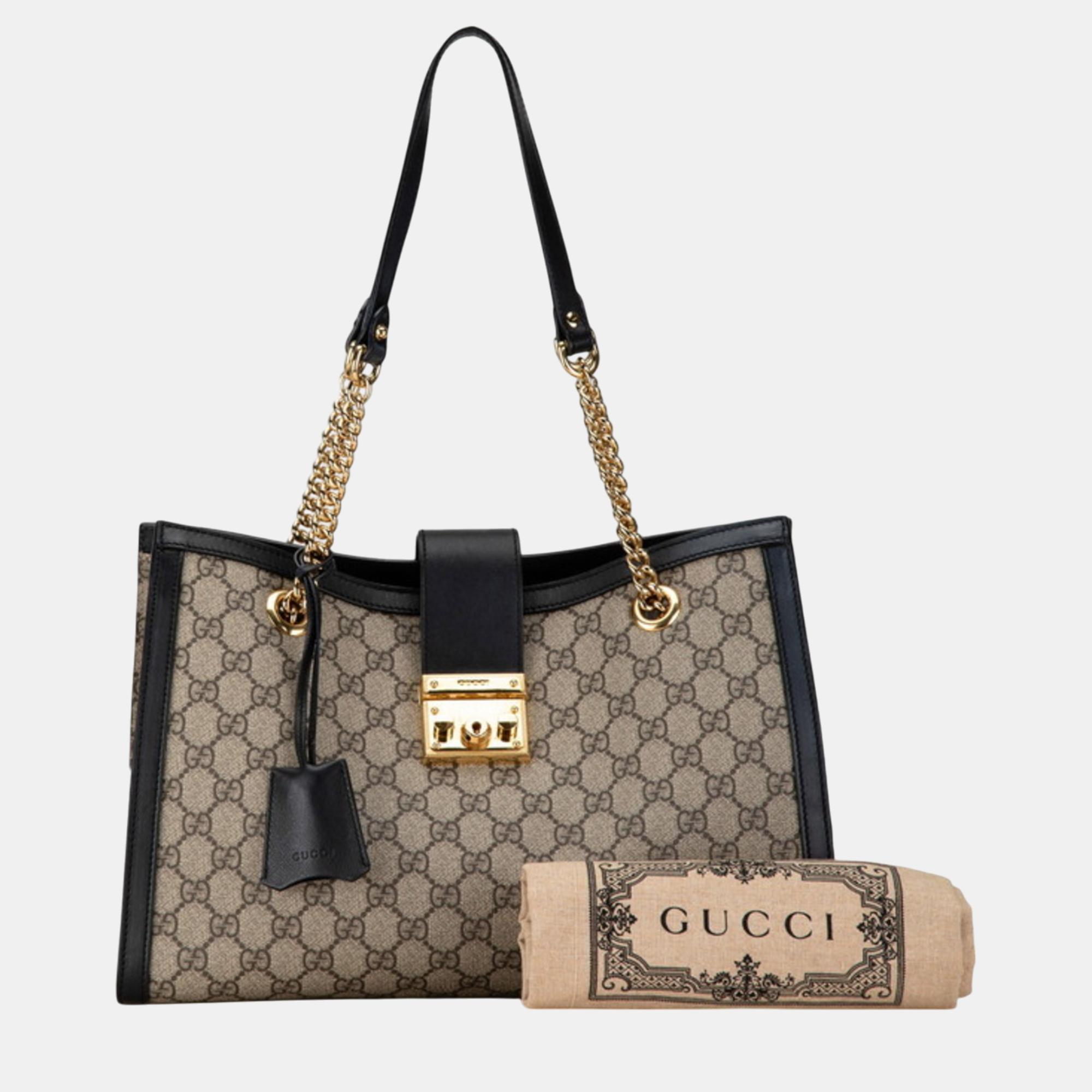 Gucci Beige Black PVC Leather GG Supreme Padlock Chain Shoulder Bag