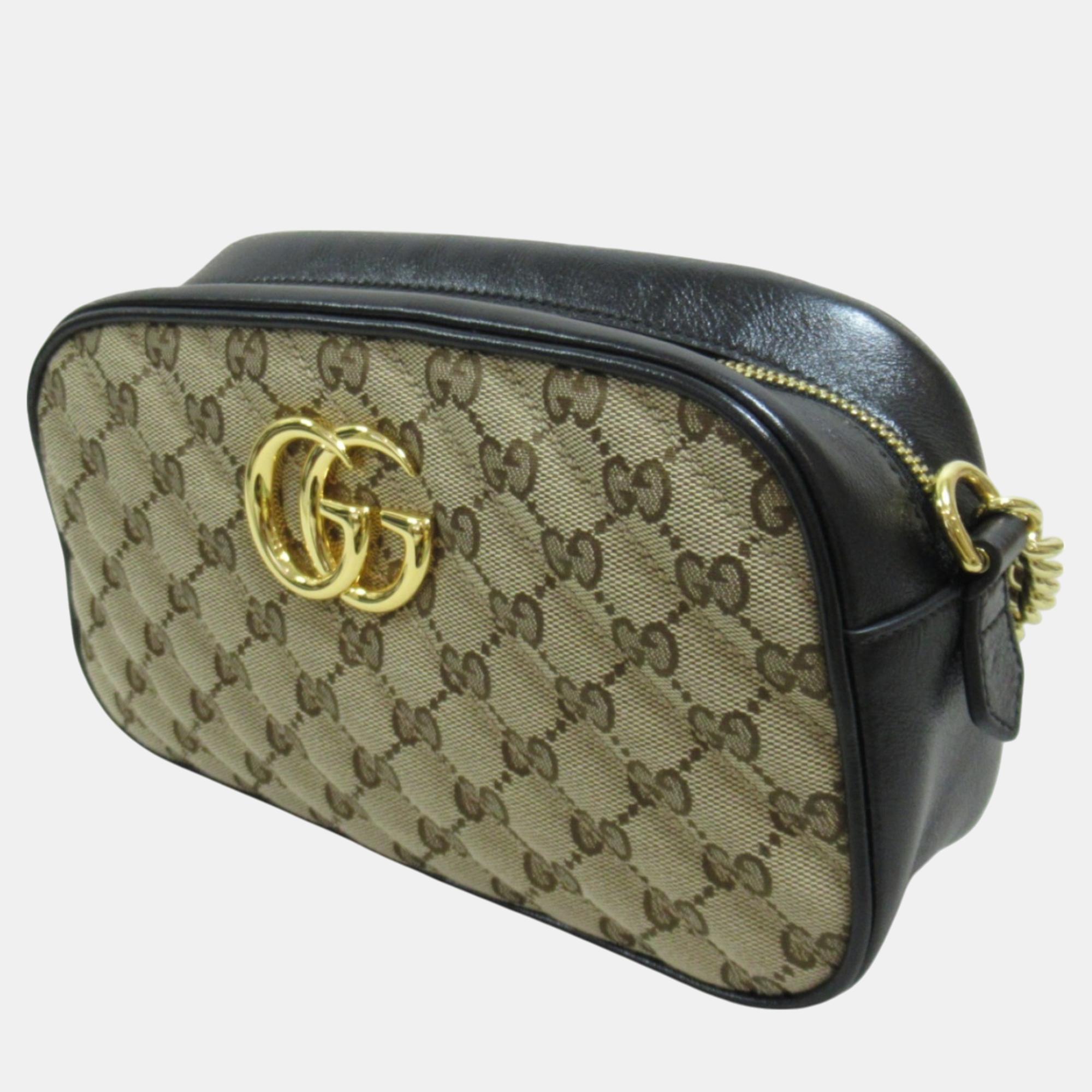 Gucci Beige Black Canvas Leather GG Marmont Shoulder Bag