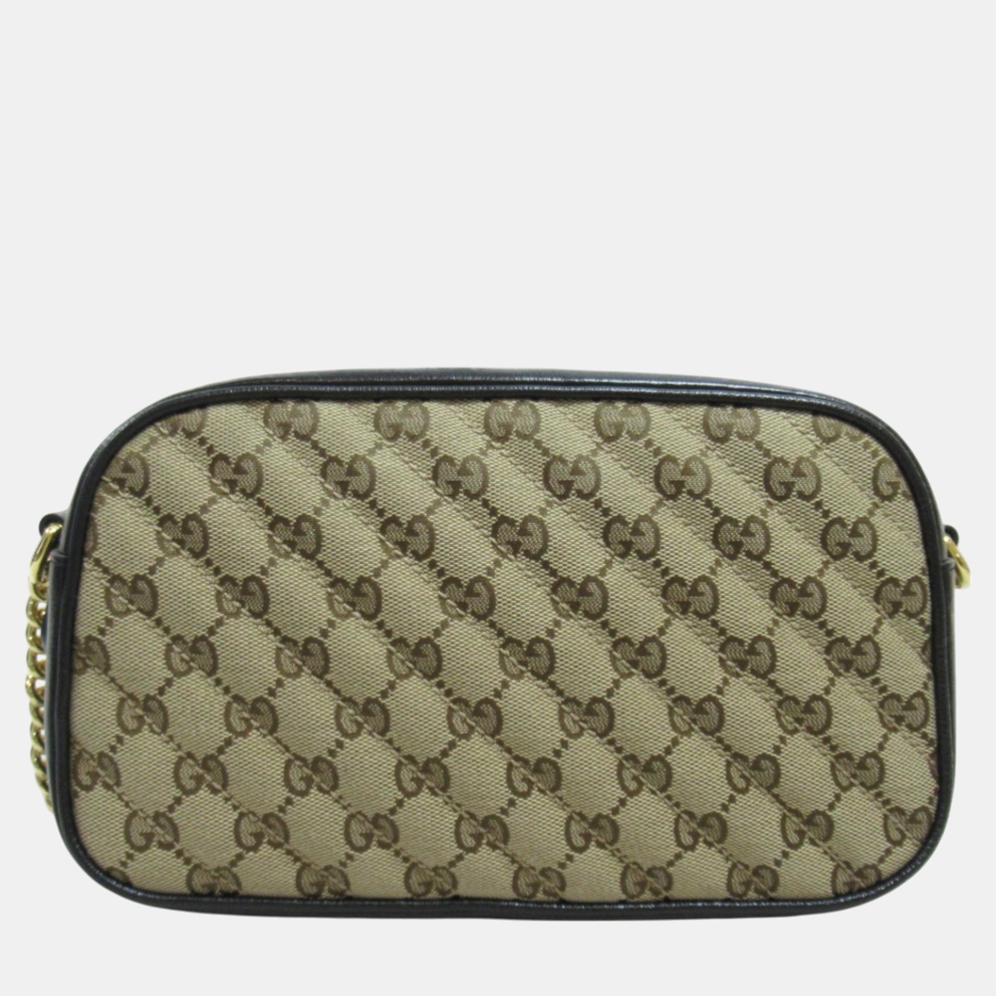 Gucci Beige Black Canvas Leather GG Marmont Shoulder Bag