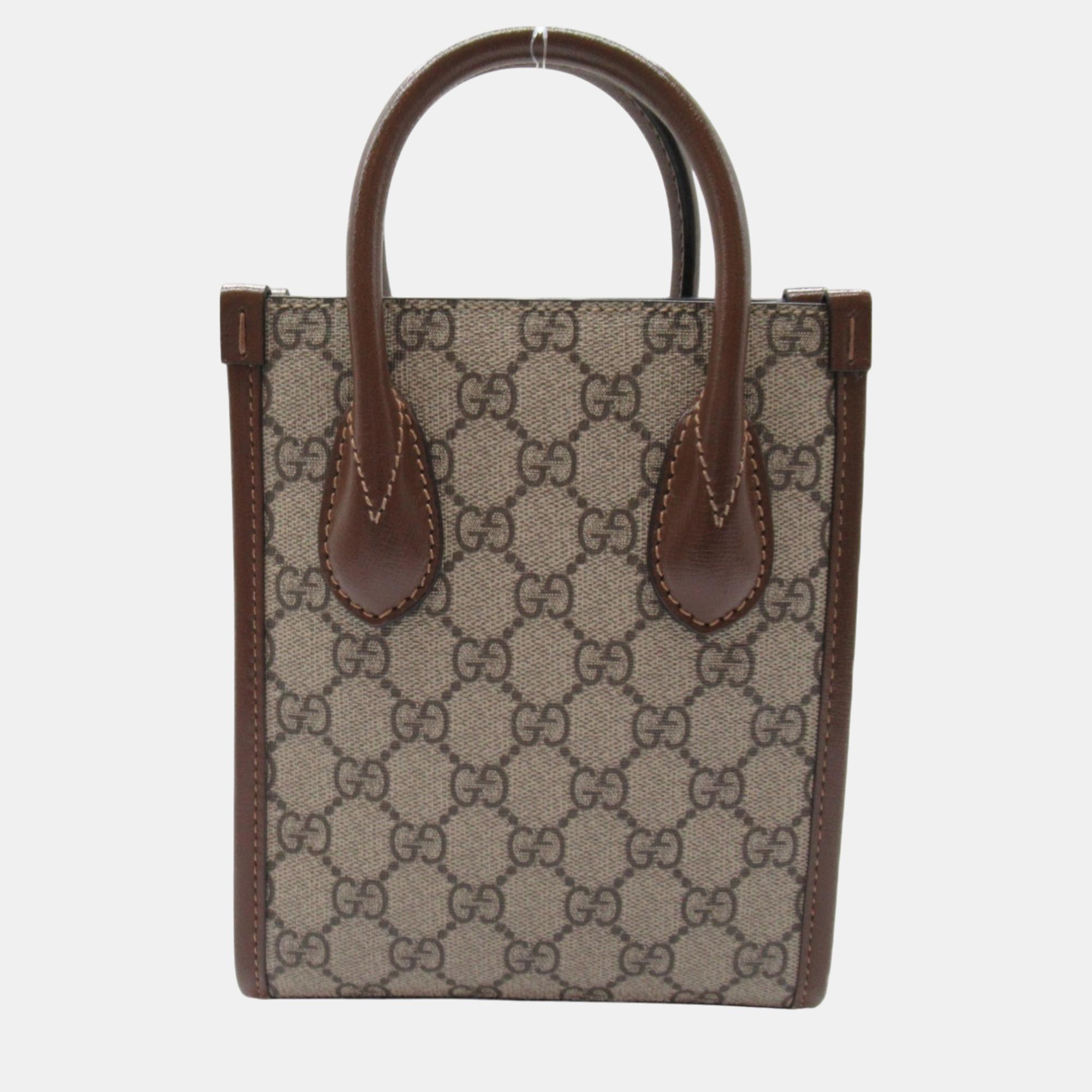 Gucci Beige Brown Leather Canvas GG Supreme Shoulder Bag