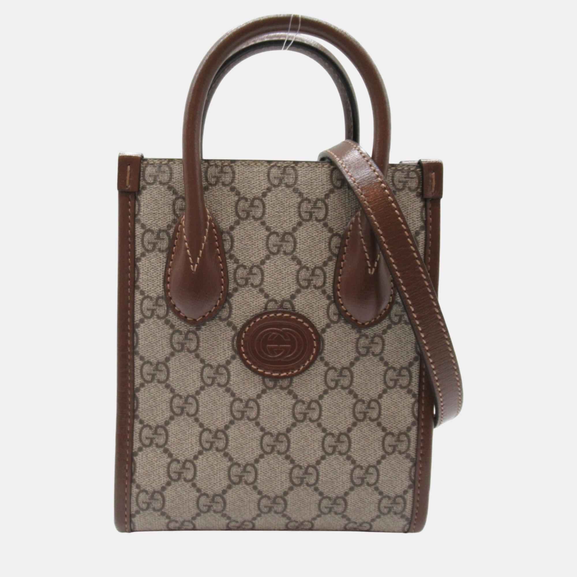 Gucci Beige Brown Leather Canvas GG Supreme Shoulder Bag