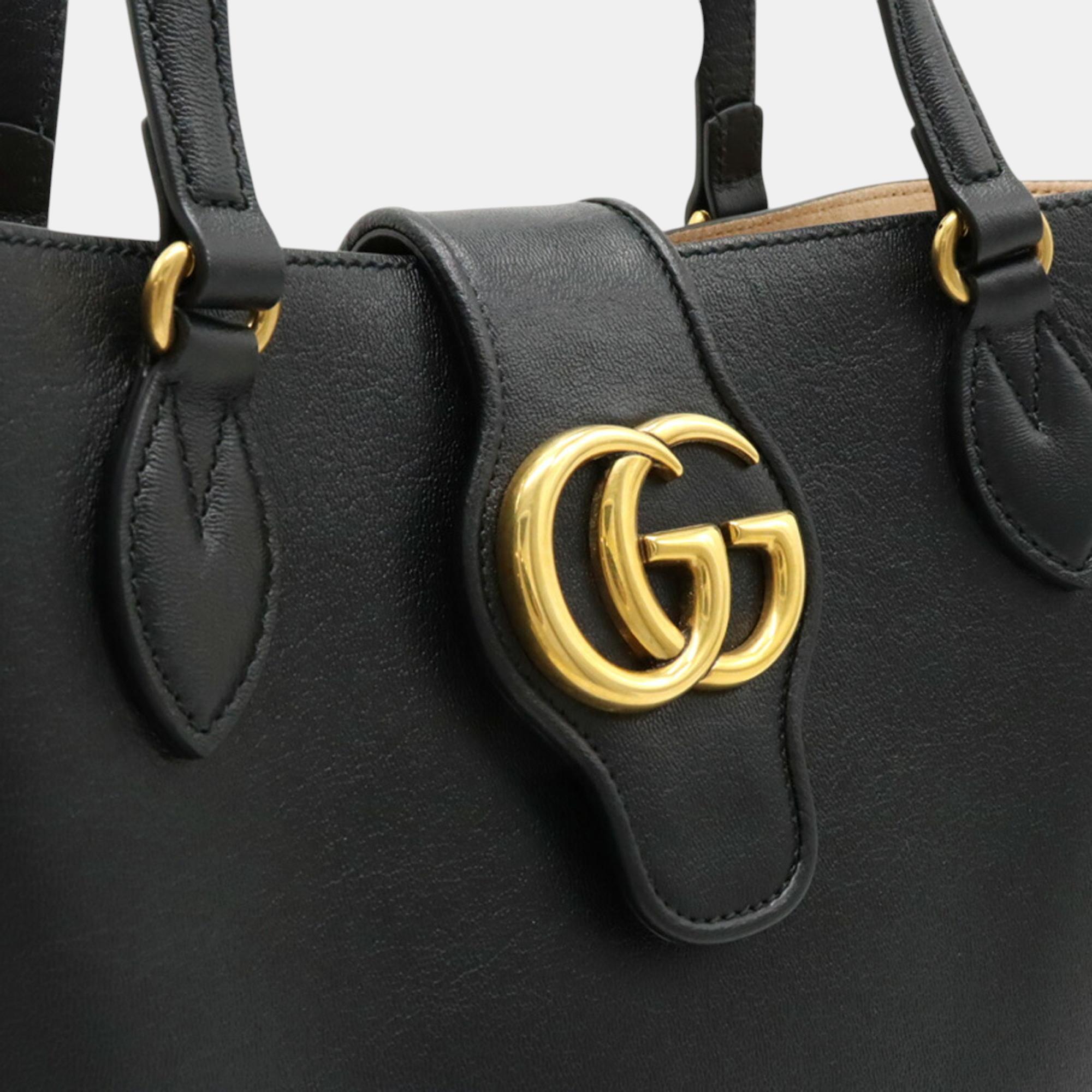 Gucci Black Leather Dahlia Small GG Marmont Tote Bag