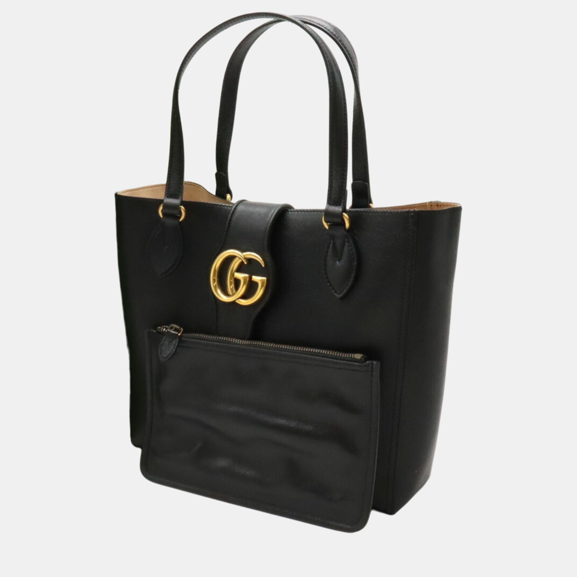 Gucci Black Leather Dahlia Small GG Marmont Tote Bag