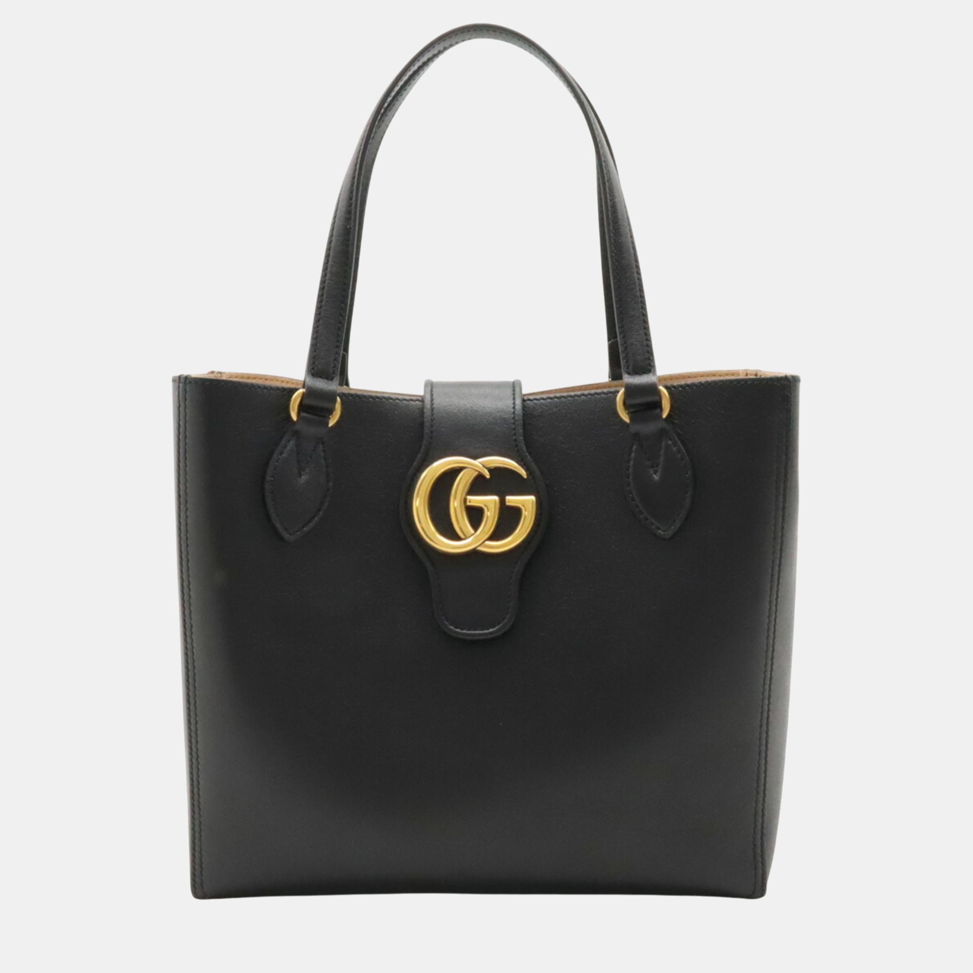 Gucci Black Leather Dahlia Small GG Marmont Tote Bag