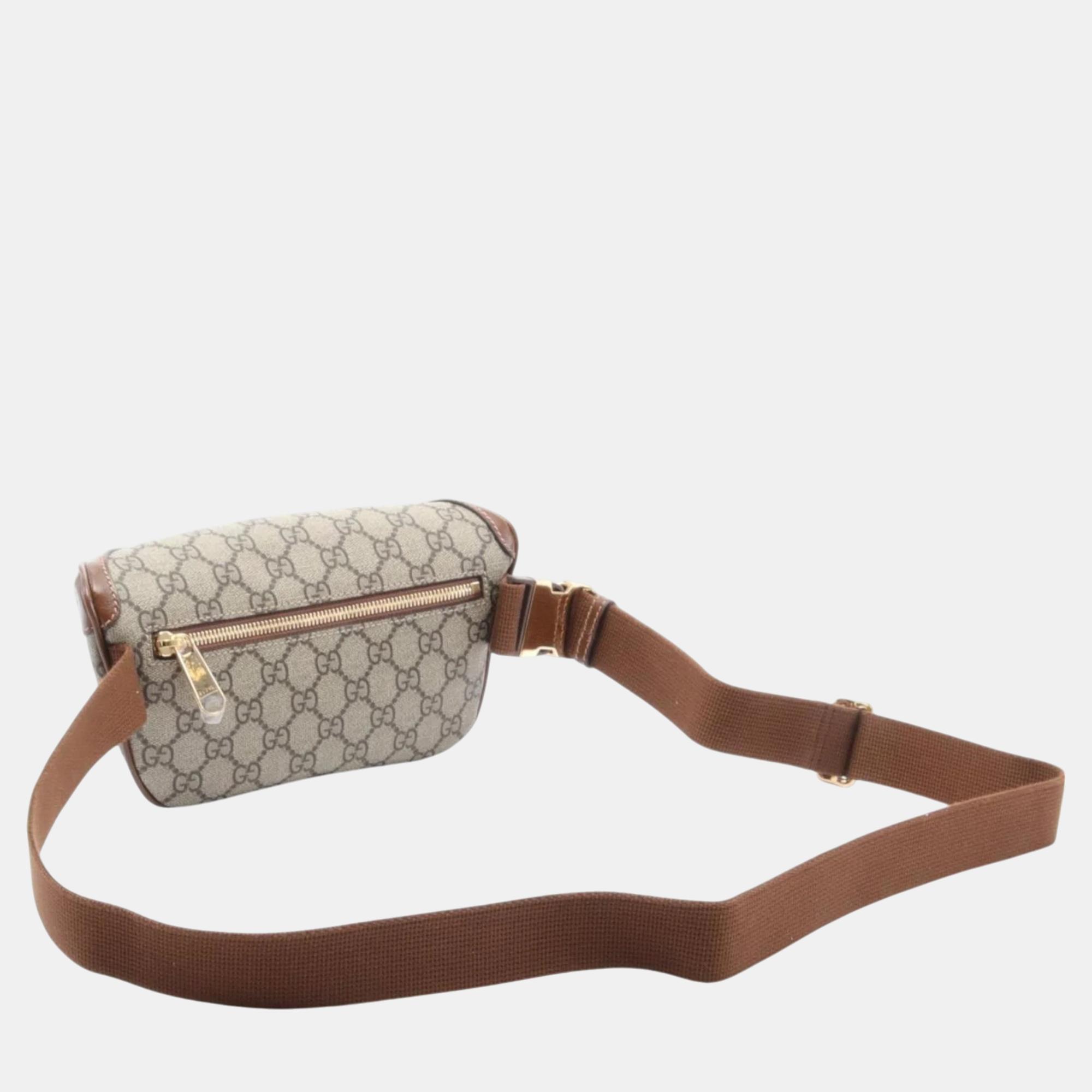 Gucci Beige Brown Coated Canvas Leather Interlocking G GG Supreme Belt Bag