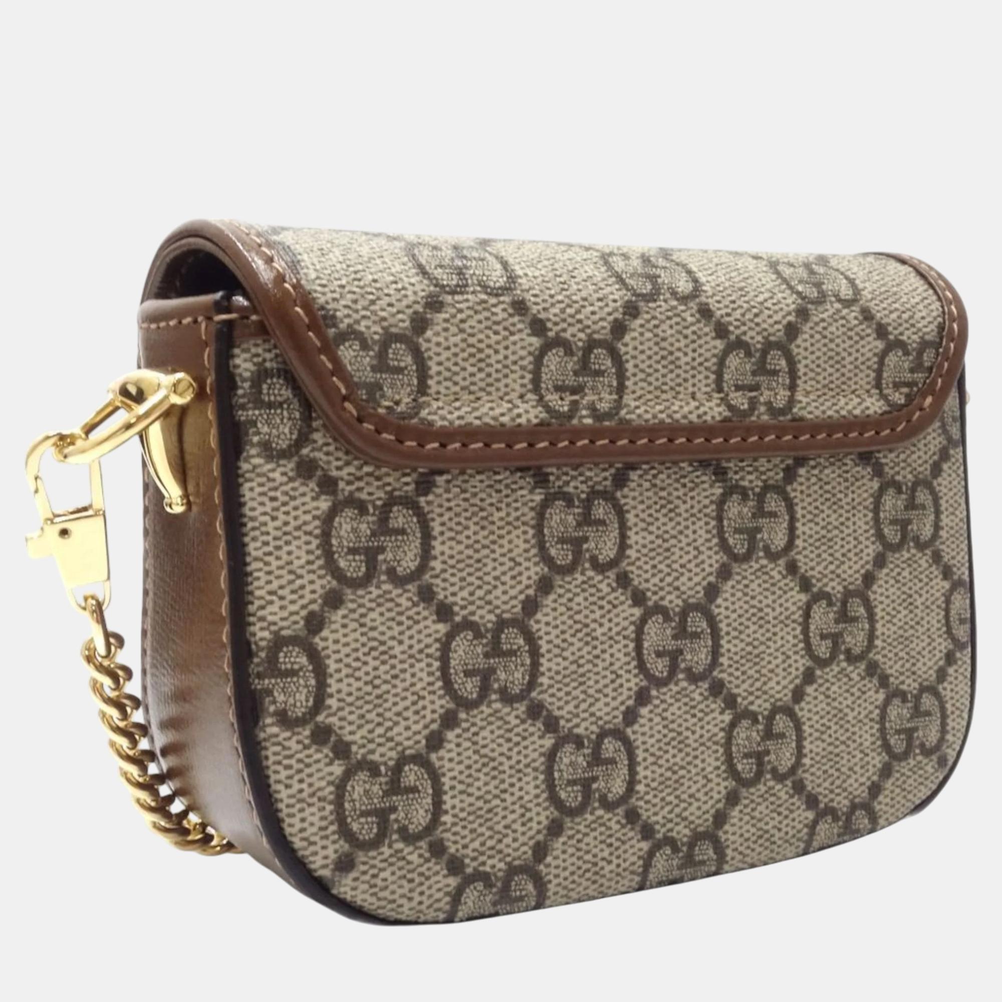 Gucci Beige Brown Canvas Horsebit GG Supreme Chain Wallet