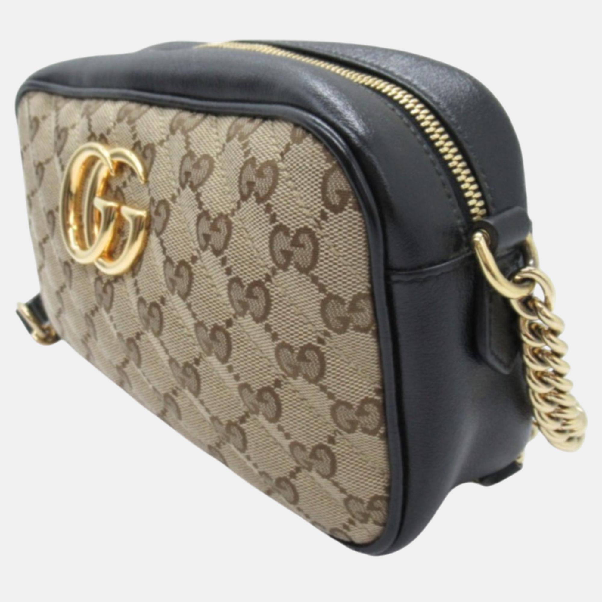 Gucci Beige Black Leather GG Canvas GG Marmont Shoulder Bag