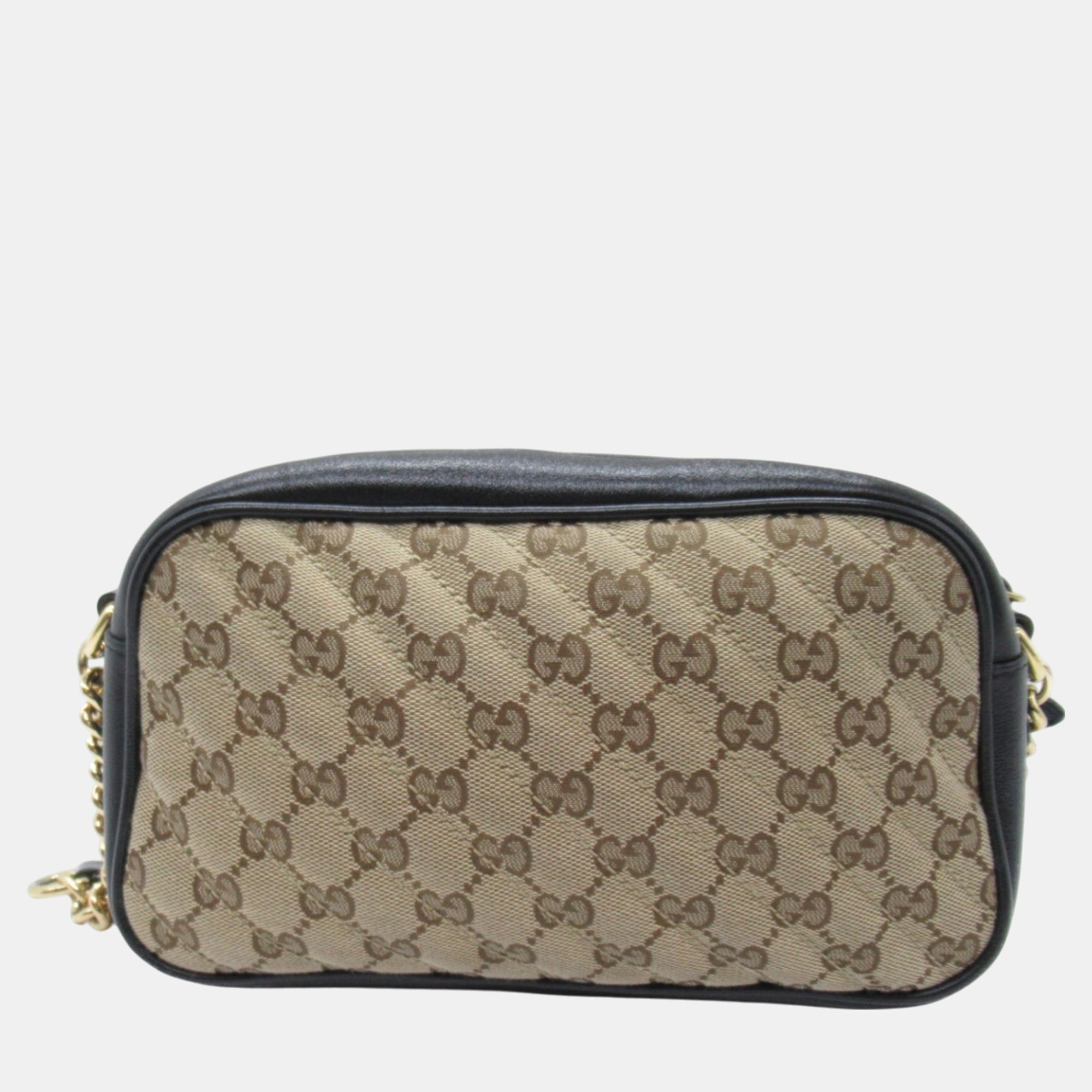 Gucci Beige Black Leather GG Canvas GG Marmont Shoulder Bag