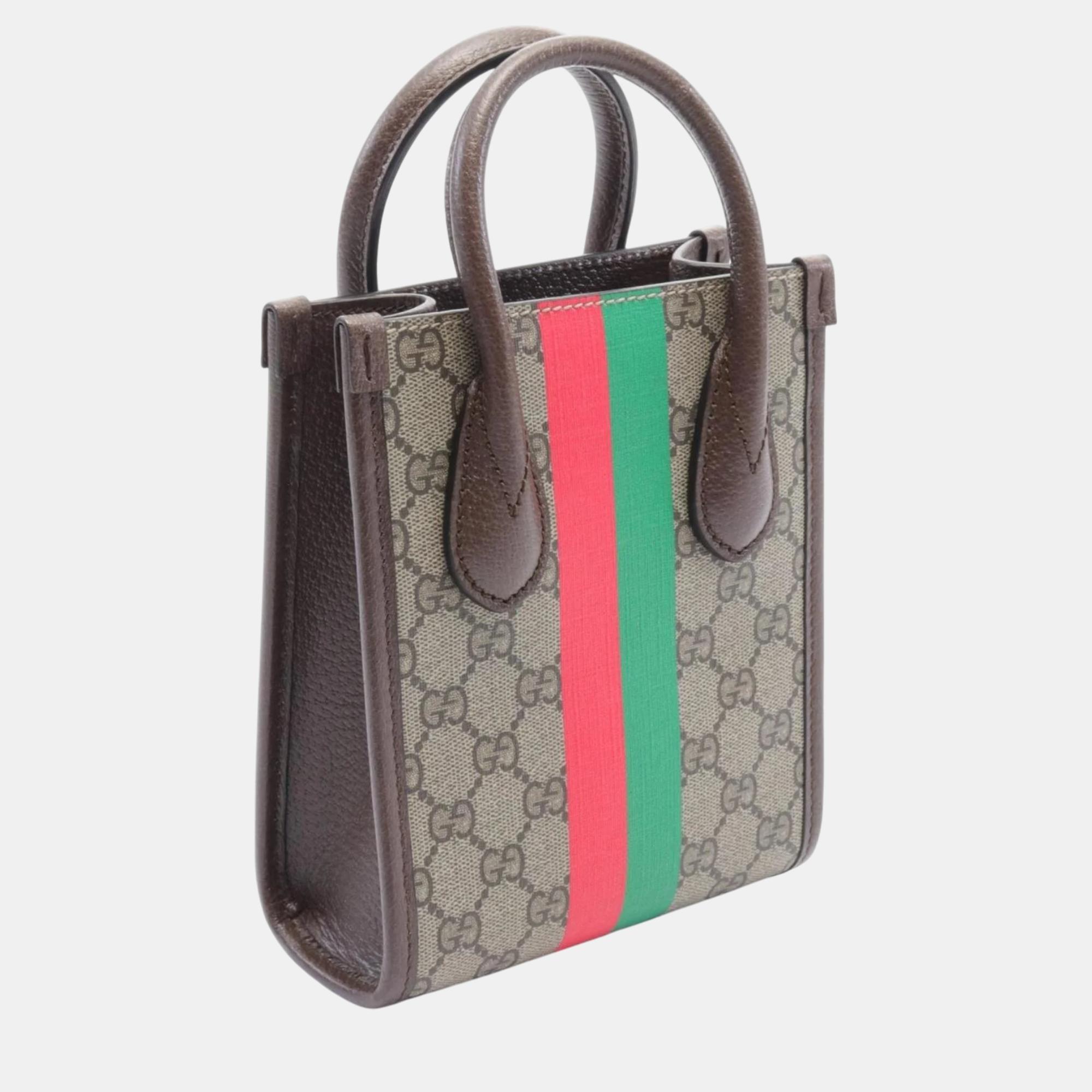 Gucci Beige Brown Coated Canvas Leather Interlocking G Tote Bag