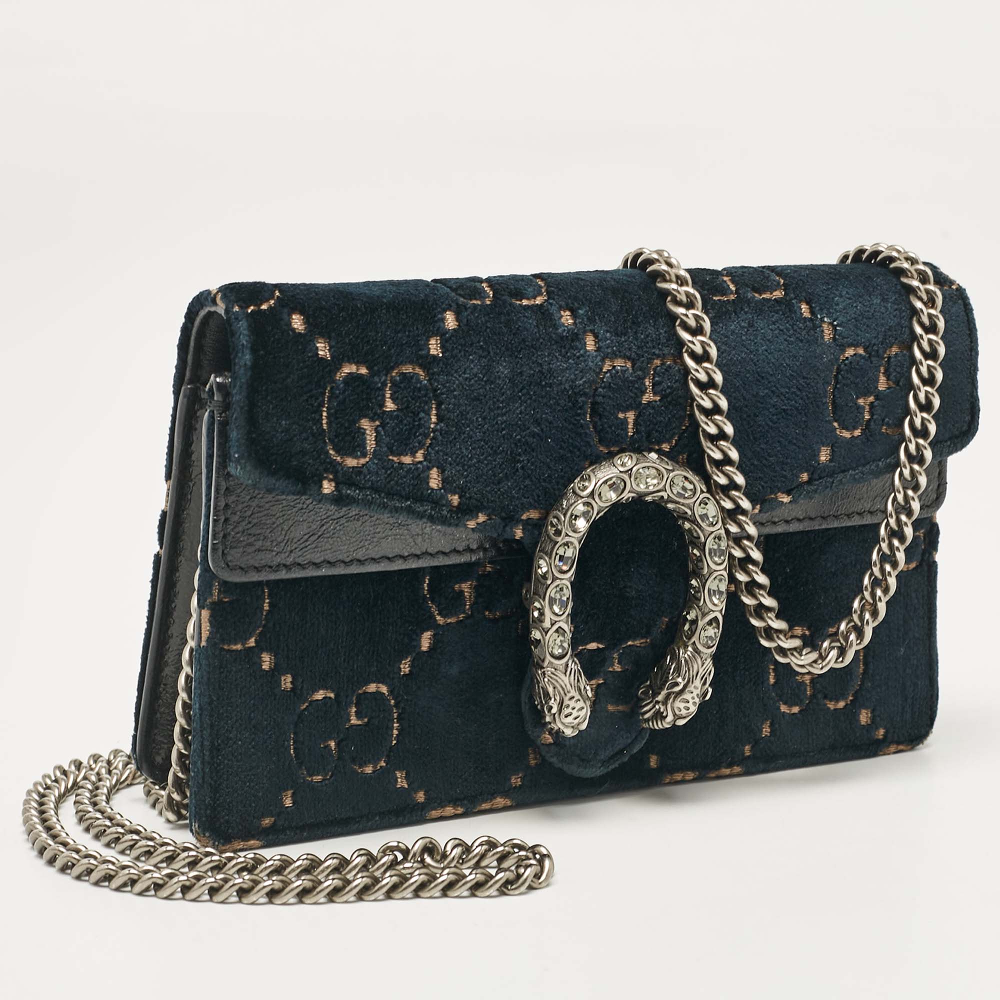 Gucci Teal Blue GG Velvet And Leather Super Mini Dionysus Crossbody Bag