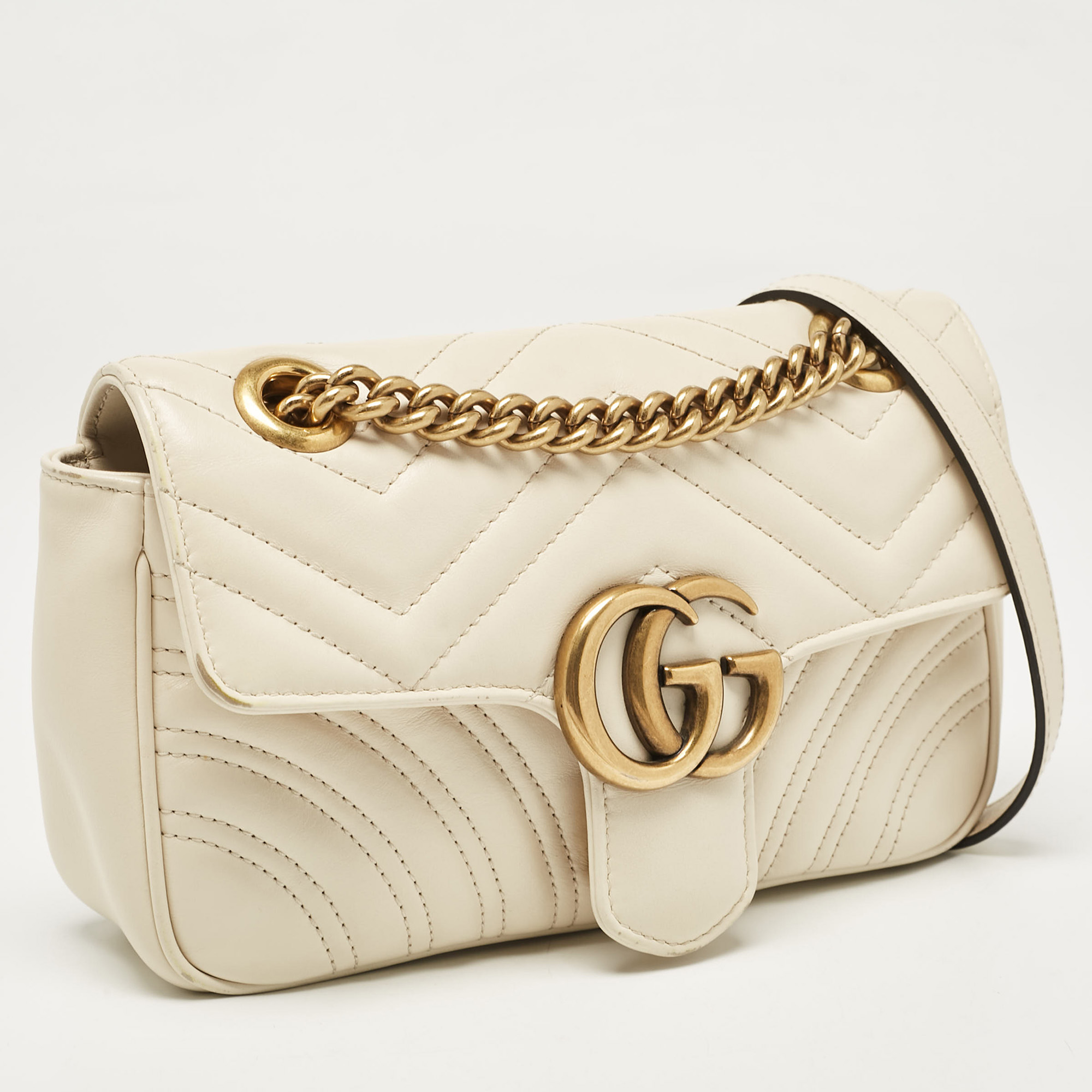 Gucci Off White Matelassé Leather Mini GG Marmont Shoulder Bag