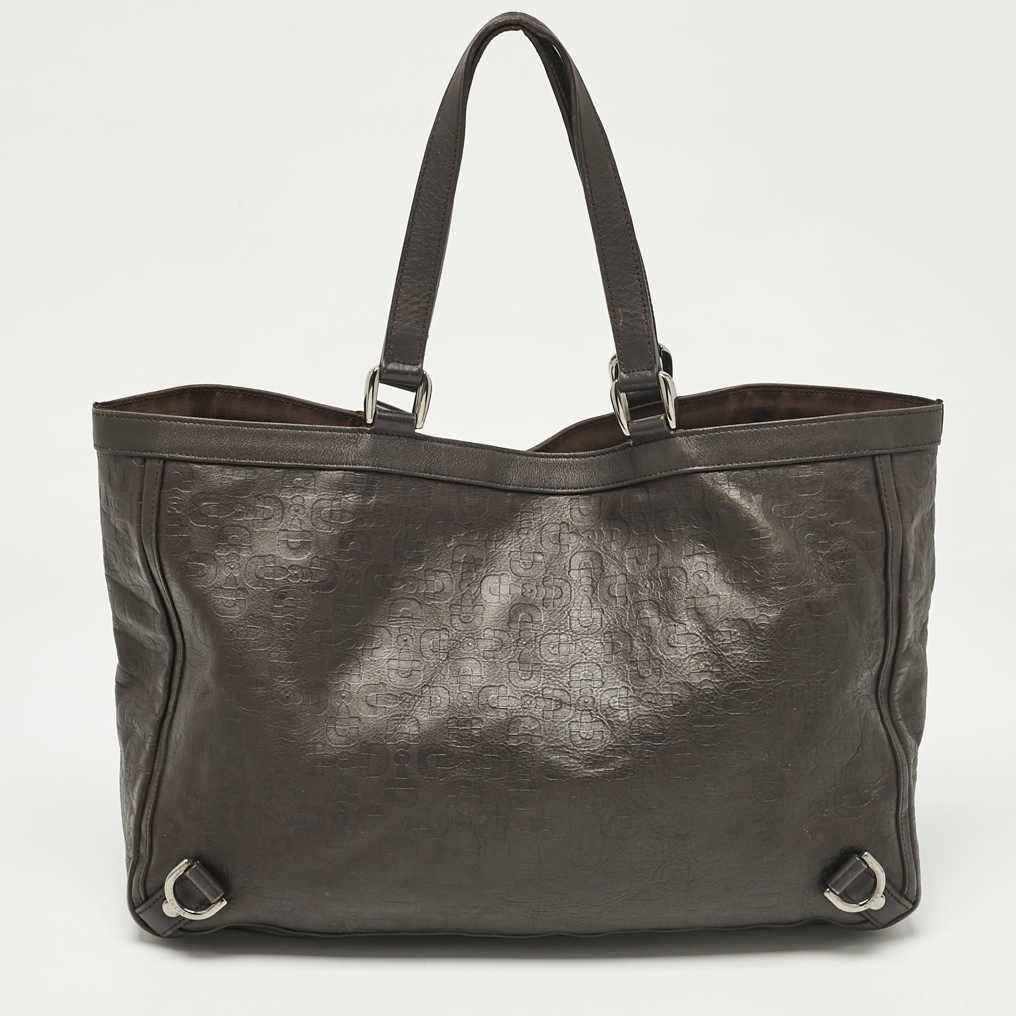 Gucci Dark Brown Horsebit Embossed Leather Abbey D-Ring Tote