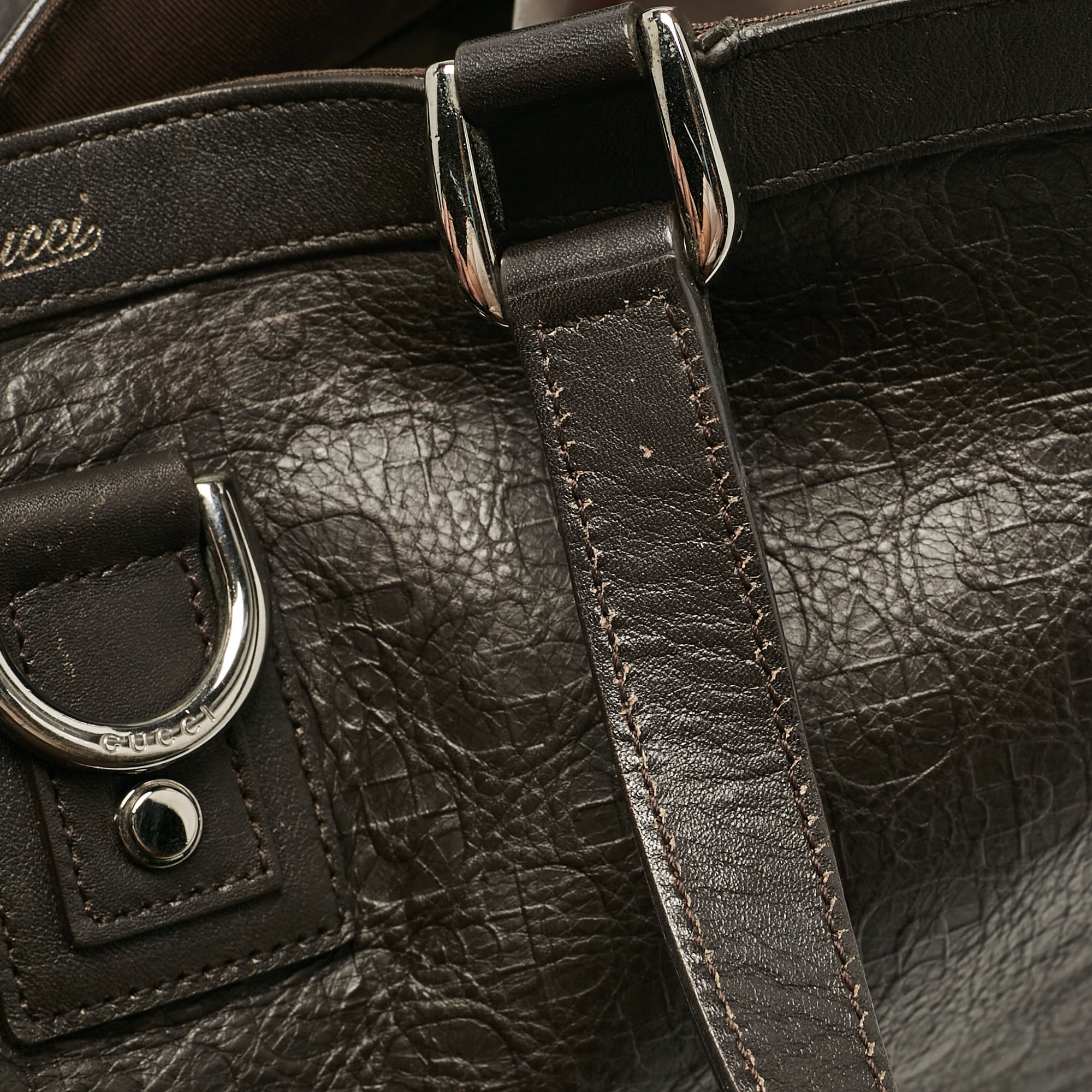 Gucci Dark Brown Horsebit Embossed Leather Abbey D-Ring Tote