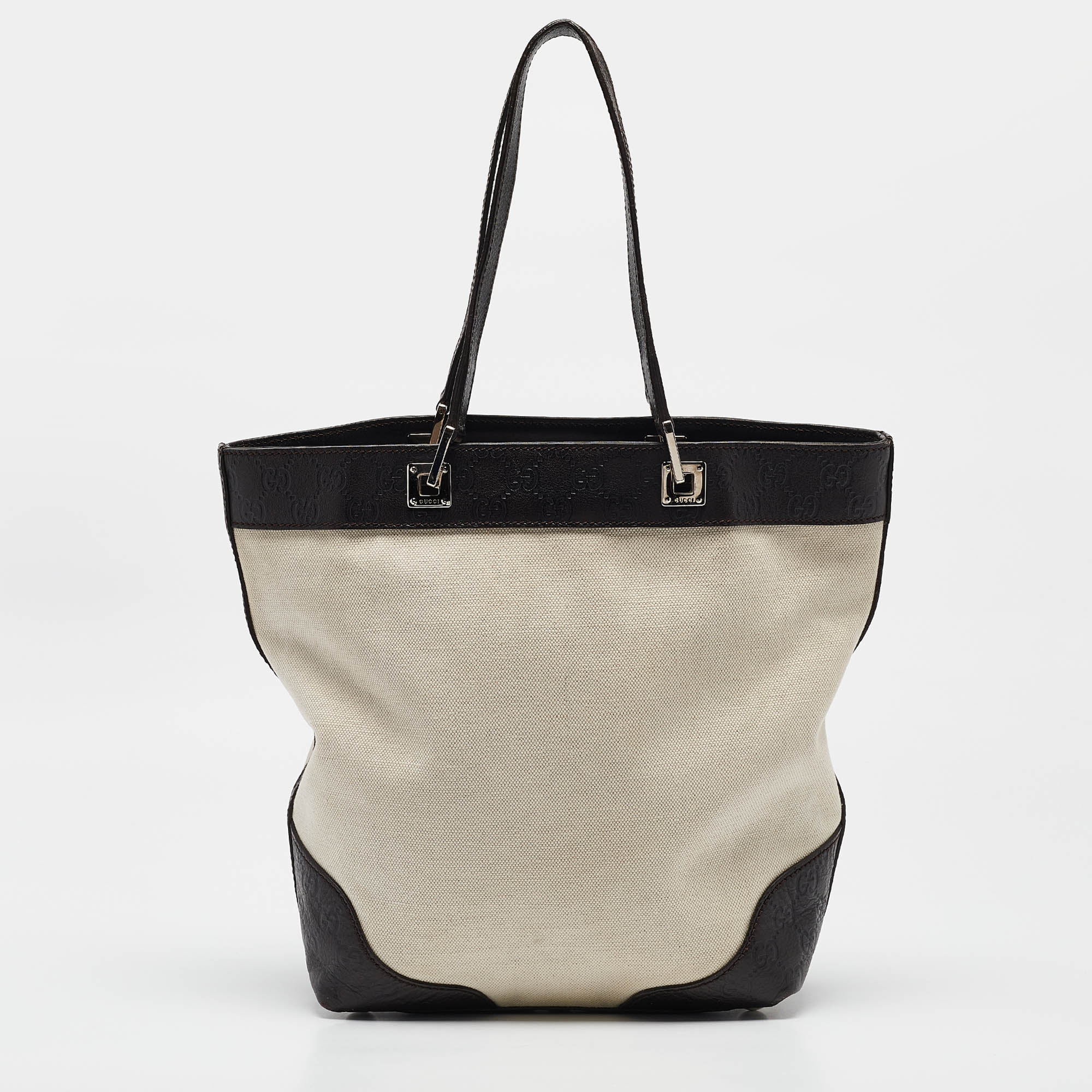 Gucci Dark Brown/White Canvas And Leather Tote