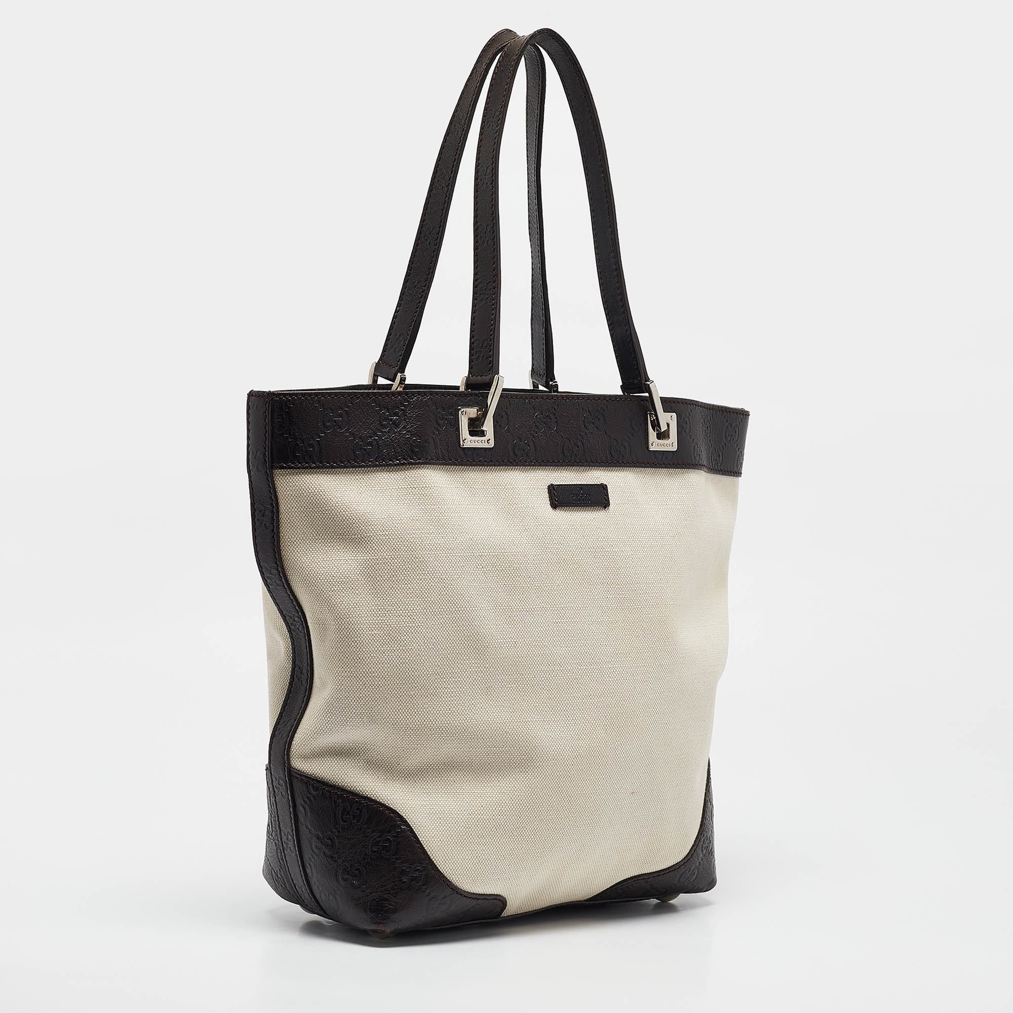 Gucci Dark Brown/White Canvas And Leather Tote