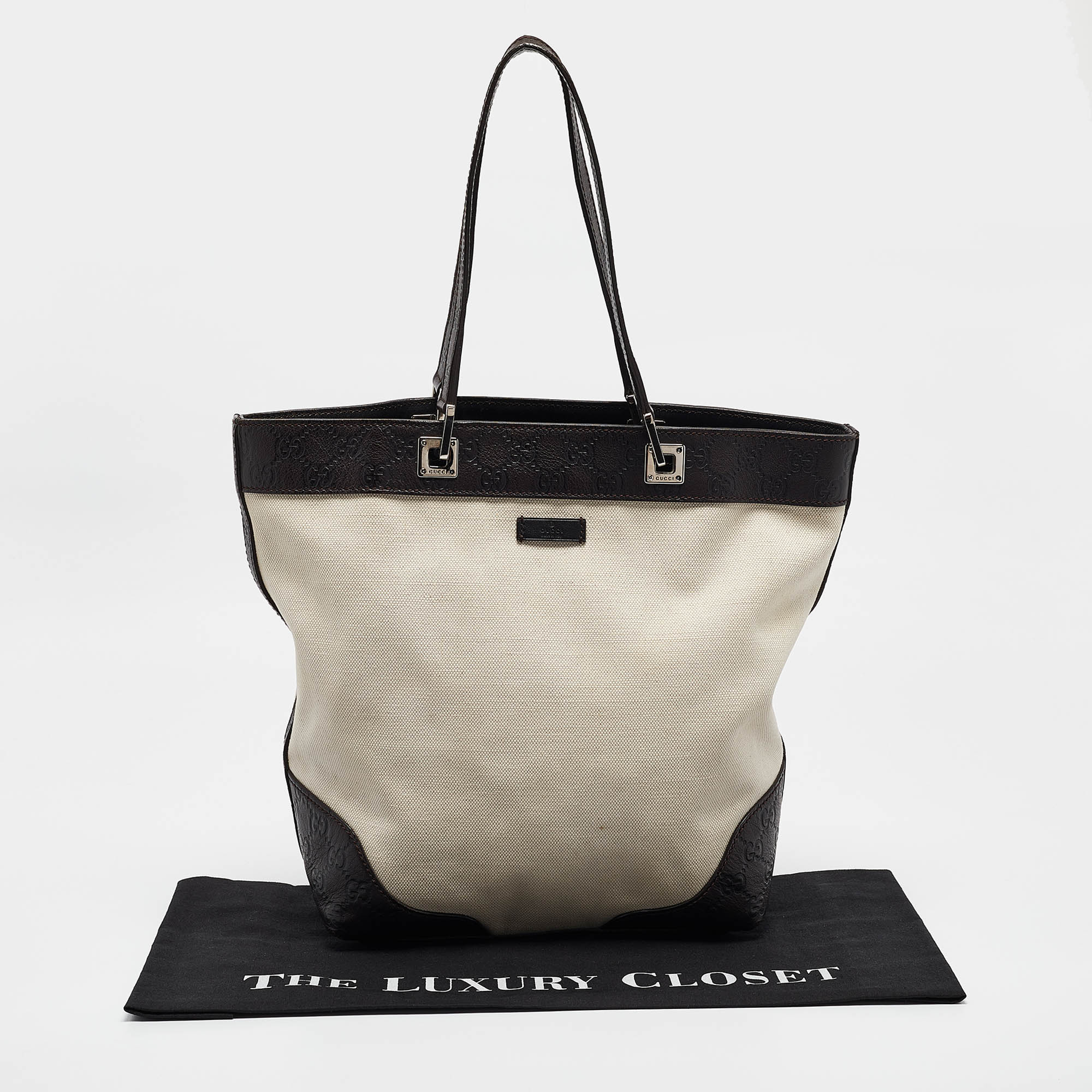 Gucci Dark Brown/White Canvas And Leather Tote