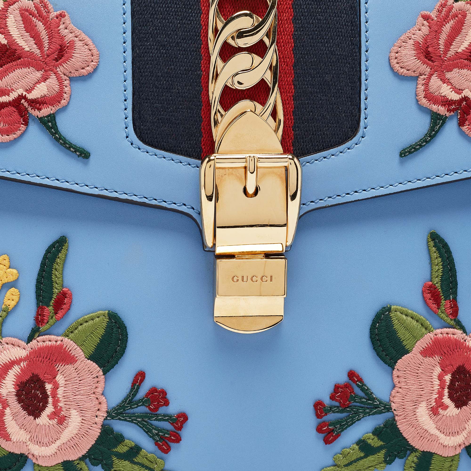 Gucci Blue Leather Medium Floral Embroidered Sylvie Top Handle Bag