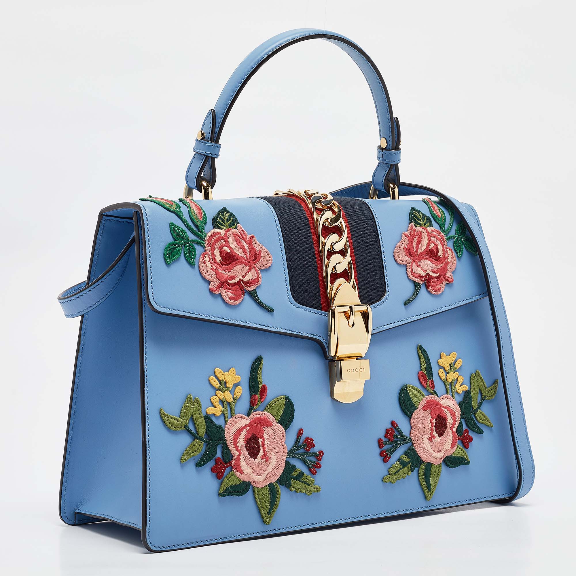 Gucci Blue Leather Medium Floral Embroidered Sylvie Top Handle Bag