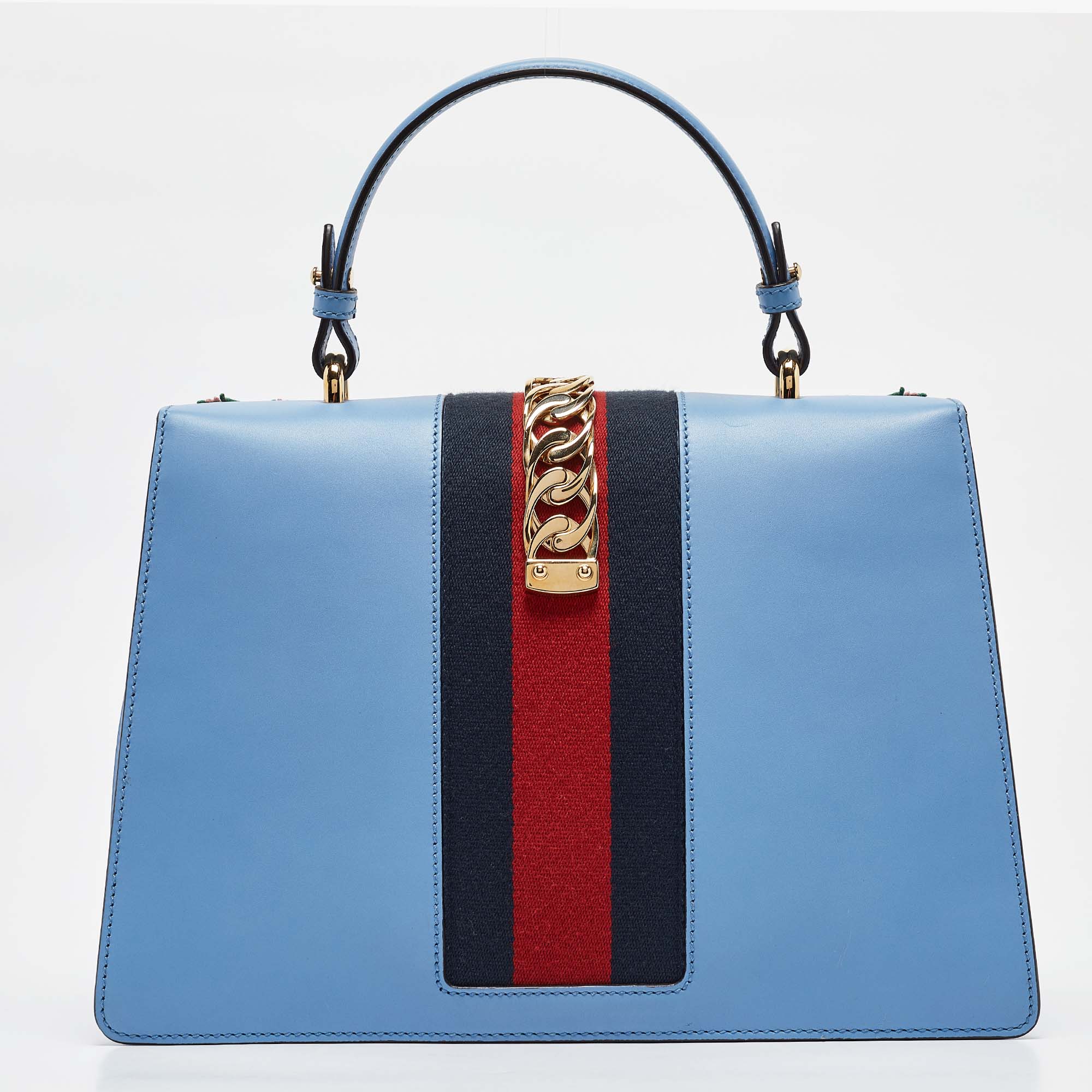 Gucci Blue Leather Medium Floral Embroidered Sylvie Top Handle Bag