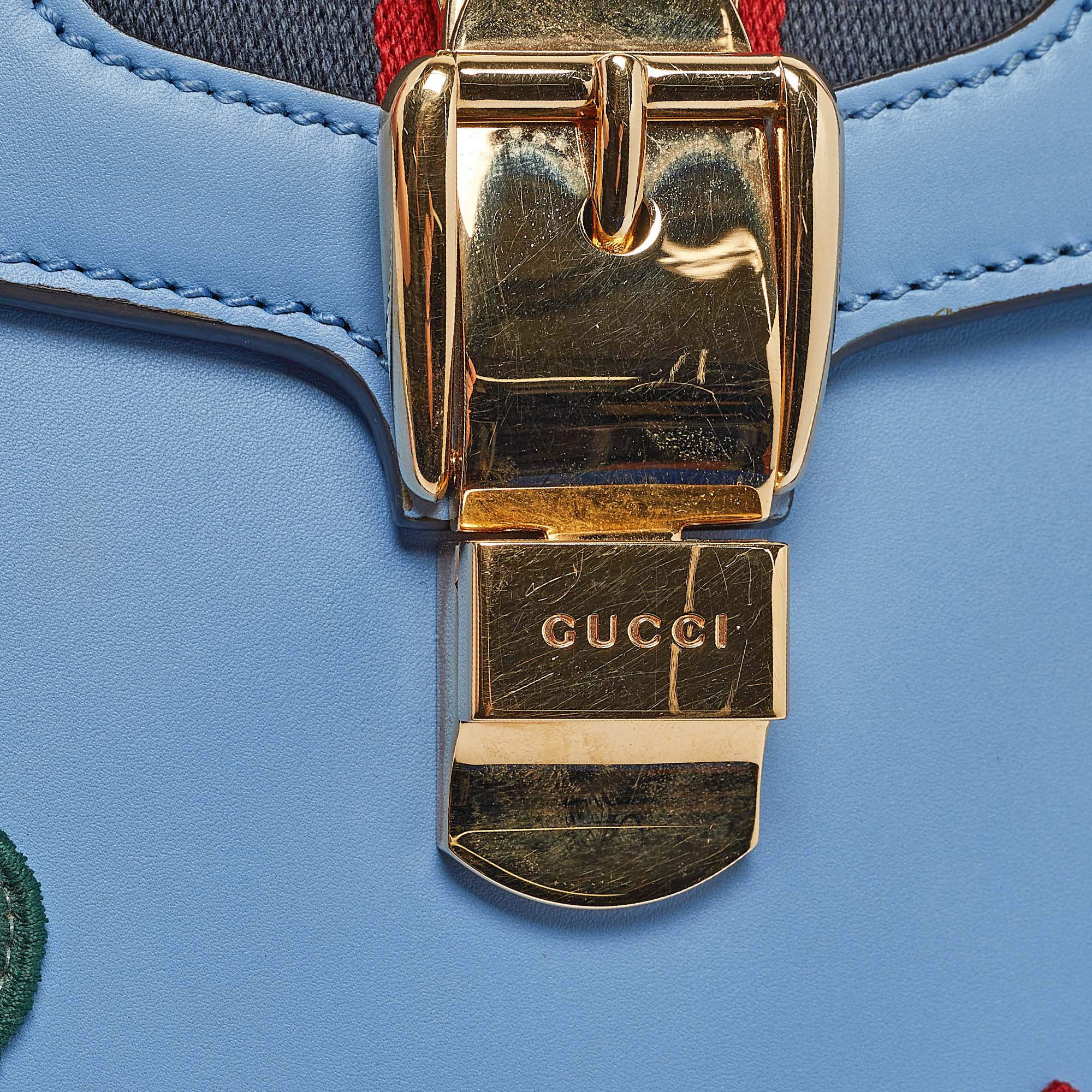 Gucci Blue Leather Medium Floral Embroidered Sylvie Top Handle Bag