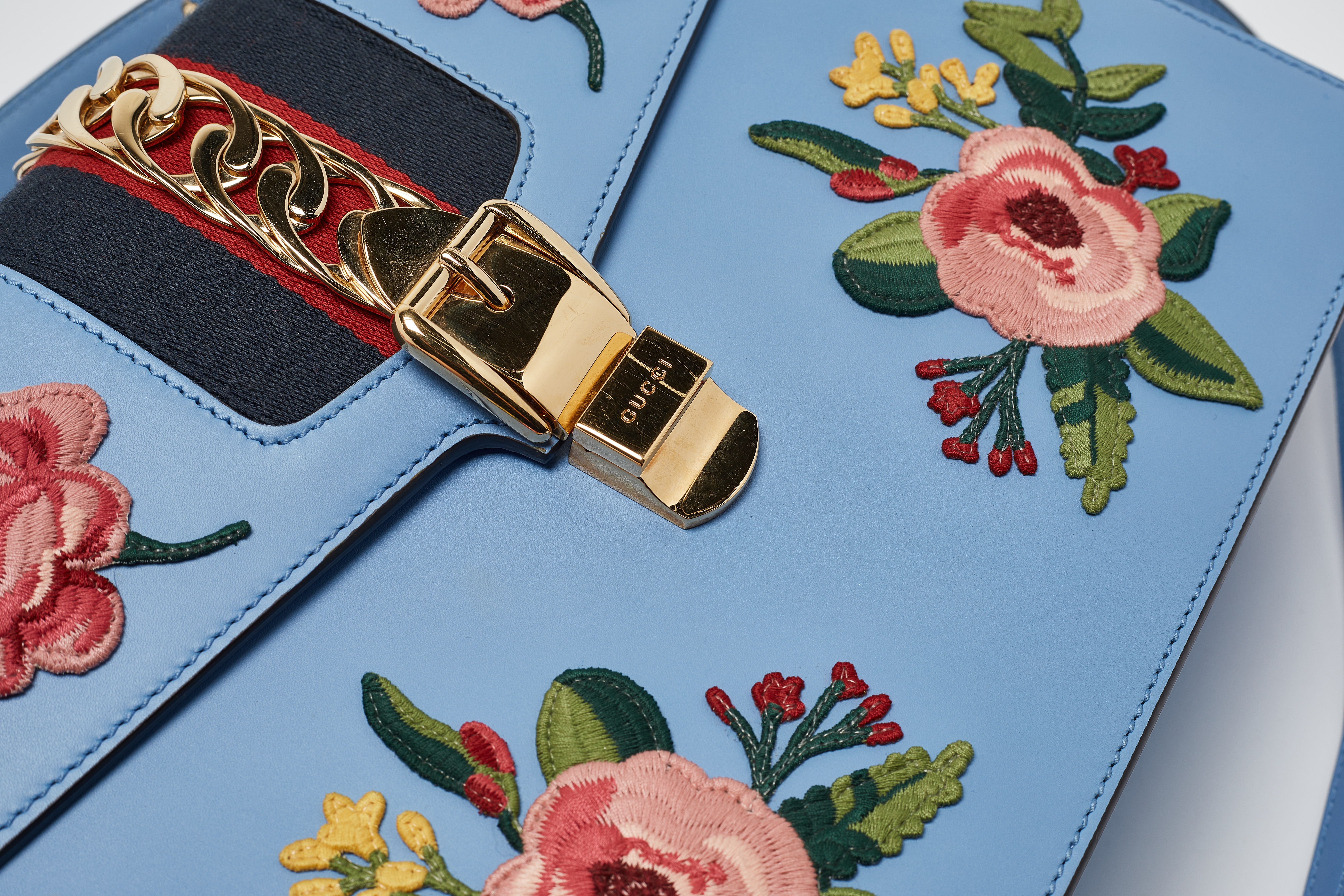 Gucci Blue Leather Medium Floral Embroidered Sylvie Top Handle Bag