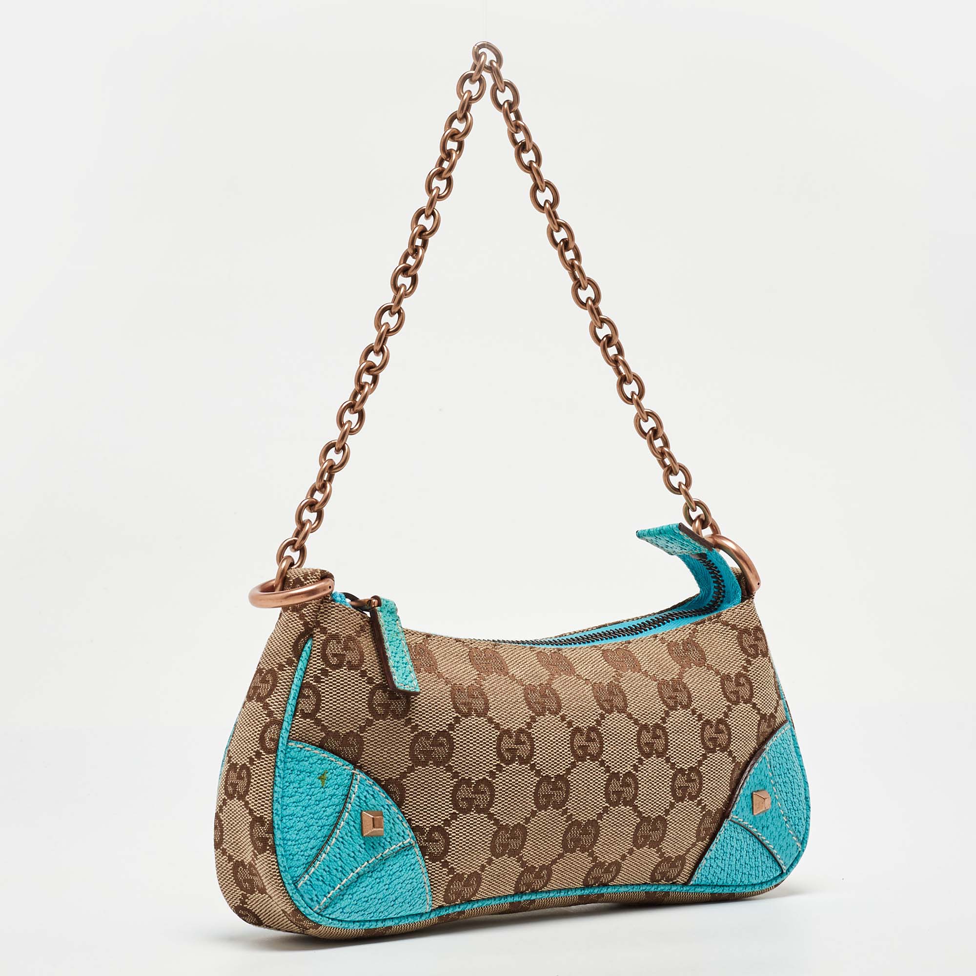 Gucci Beige/Blue GG Canvas And Leather Baguette Bag