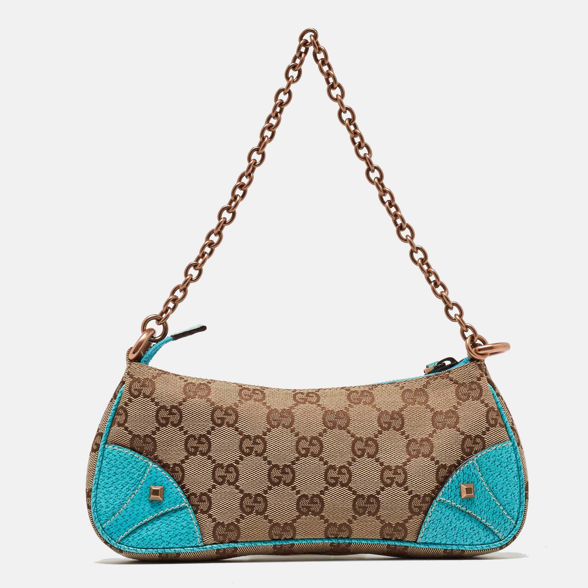 Gucci Beige/Blue GG Canvas And Leather Baguette Bag