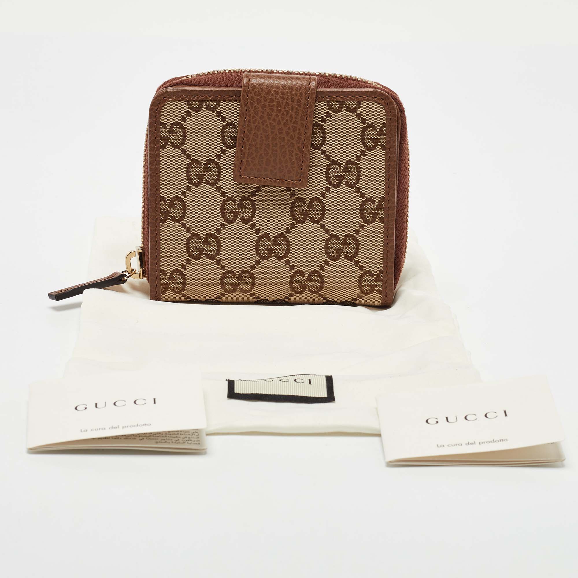 Gucci Beige/Brown GG Canvas And Leather Emblem Zip Mini Wallet